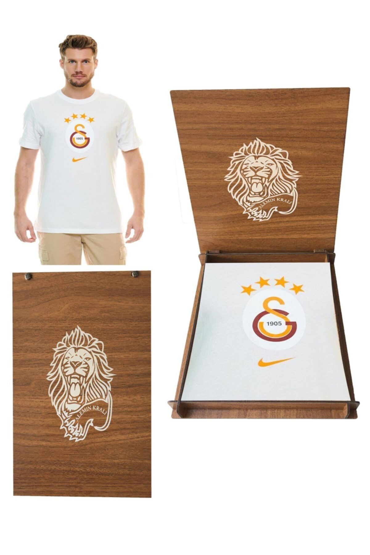Galatasaray Forma Beyaz Arma Yıldızlı T-shirt Hediye Aslan Ahşap Kutulu