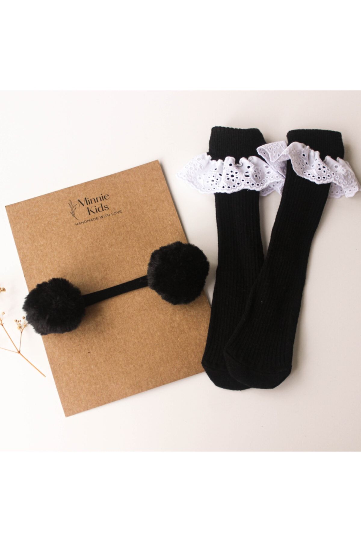MinnieKids Kız Bebek/çorap Siyah Ponpon Ve Fistolu Çorap Seti