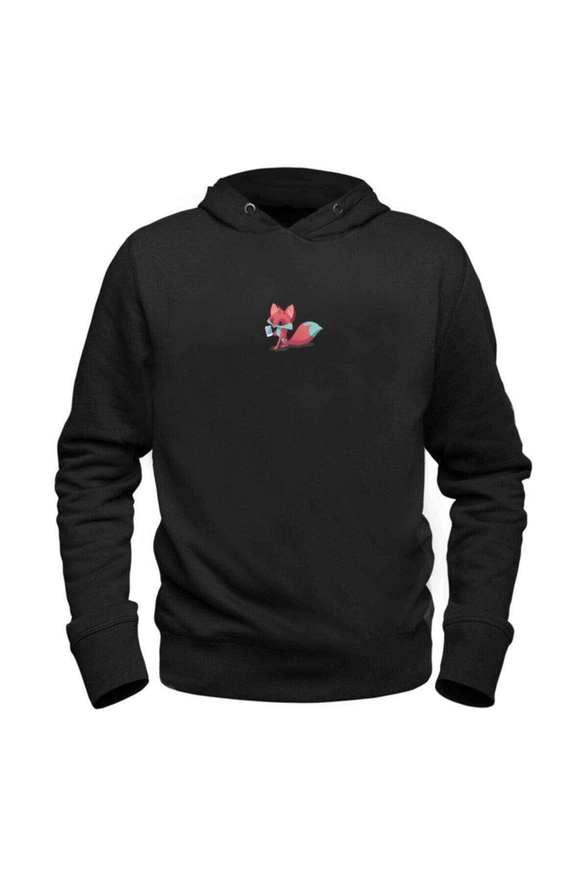 Alfa Tshirt Animal Tilki Resimli Baskılı Siyah Sweatshirt