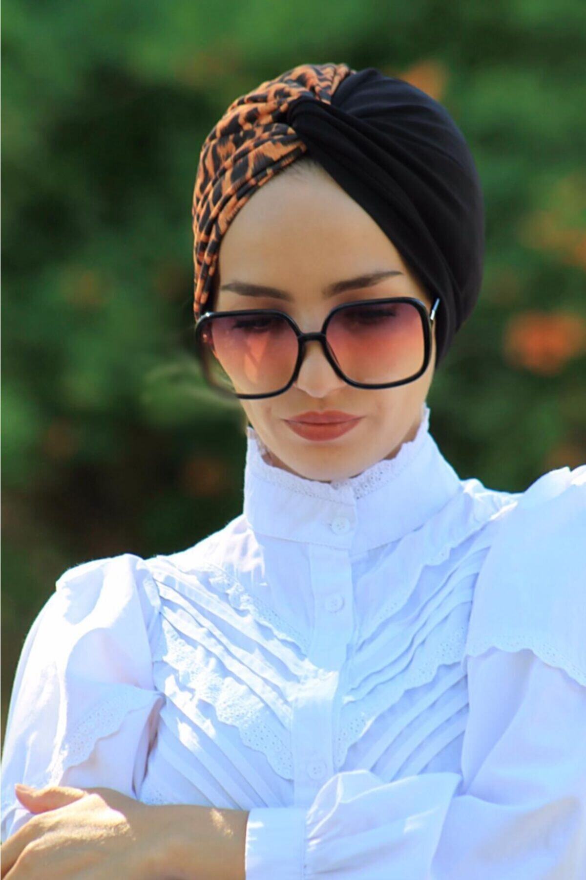 Mursen Bone Şal Hazır Tesettür Giyim (tesettür Bone Şal) Çift Renkli Hazır Dolama Bone Siyah Leopar