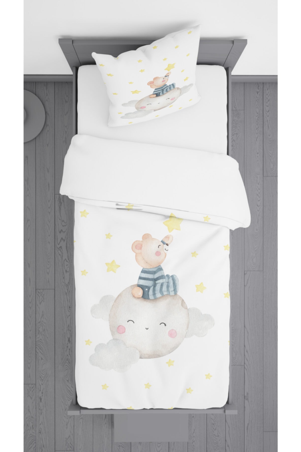 Ziu Kids Ay Ve Ayı Desenli Süet Dokulu Dekoratif Yatak Örtüsü Ve Yastık Kılıfı 140x220