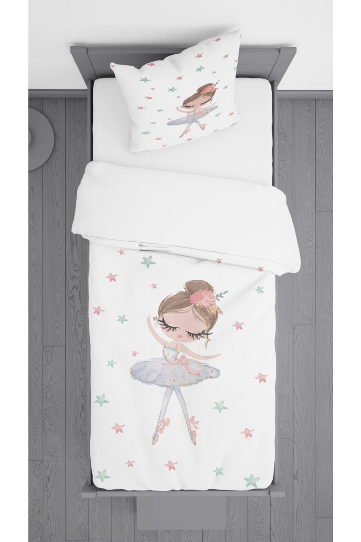 Ziu Kids Renkli Yıldız Balerin Desenli Süet Dokulu Dekoratif Yatak Örtüsü Ve Yastık Kılıfı 140x220