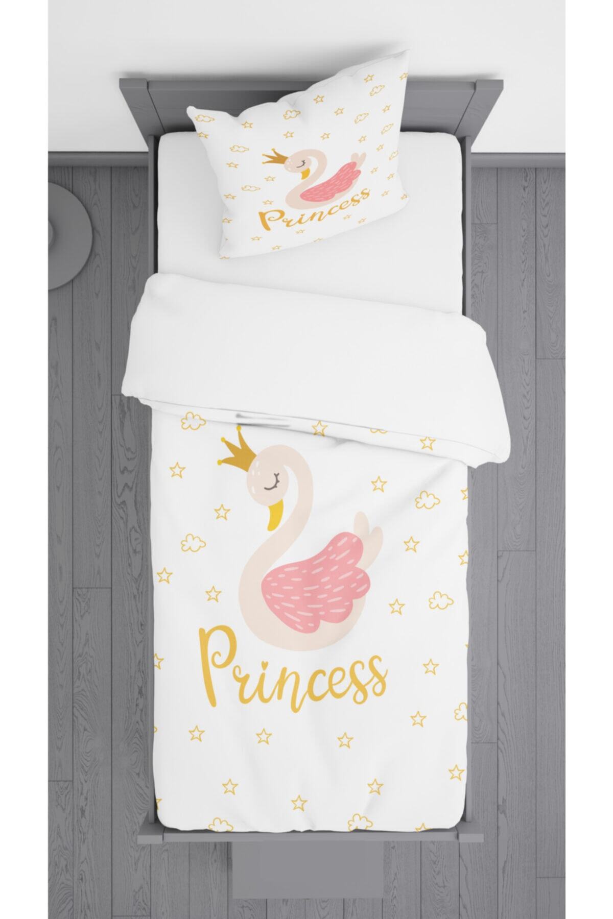 Ziu Kids Princess Kuğu Desenli Süet Dokulu Dekoratif Yatak Örtüsü Ve Yastık Kılıfı 140x220