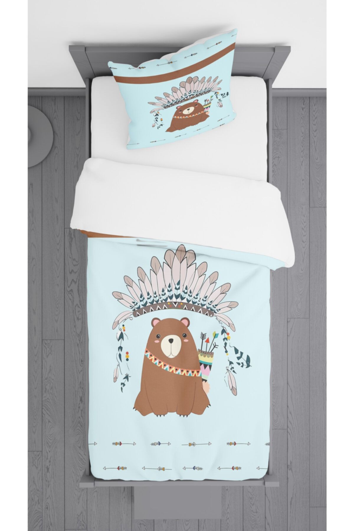 Ziu Kids Kızılderili Ayı Desenli Süet Dokulu Dekoratif Yatak Örtüsü Ve Yastık Kılıfı 140x220
