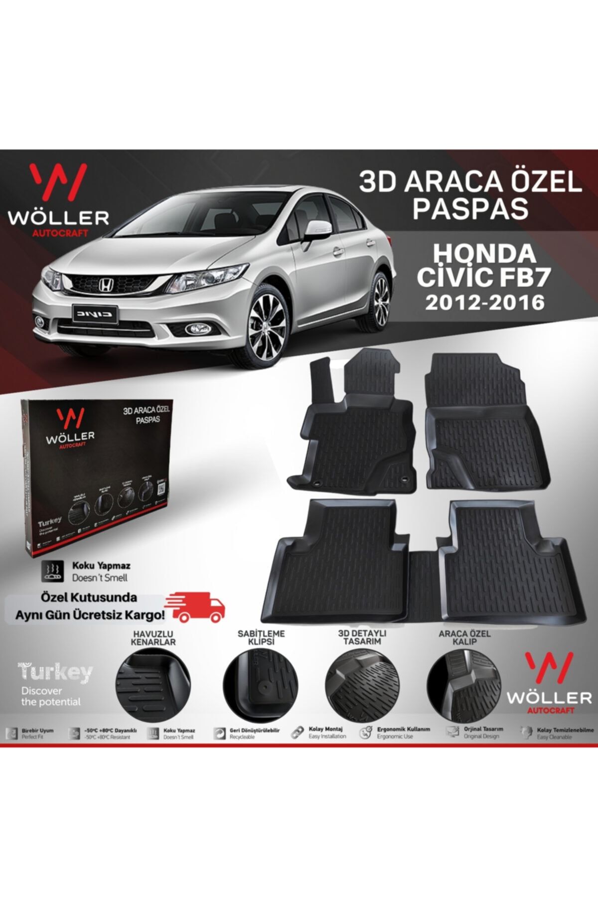wöller Honda Civic Fd7 Paspas 2012 2016 Arası 3d Havuzlu Paspas