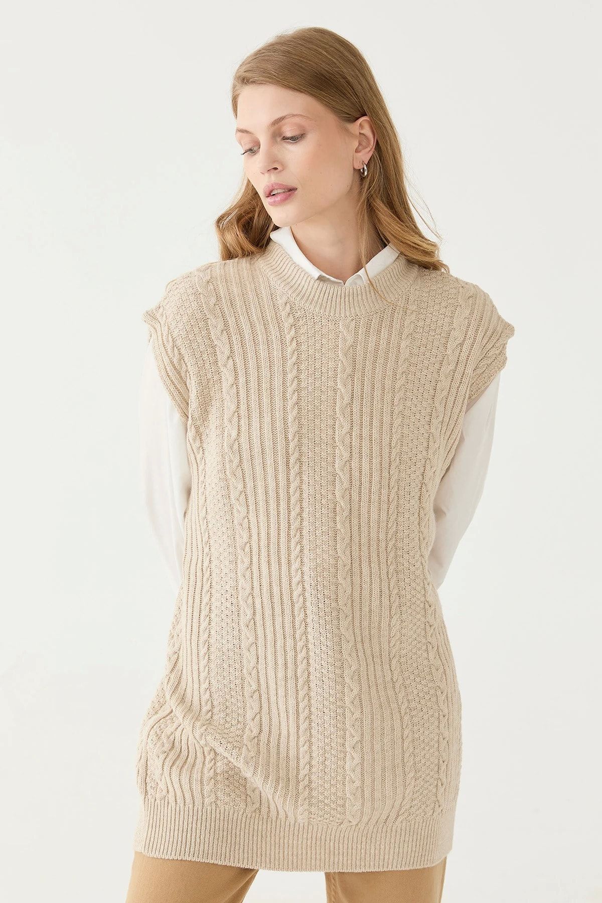 Suud Collection Bej Saç Örgülü Süveter