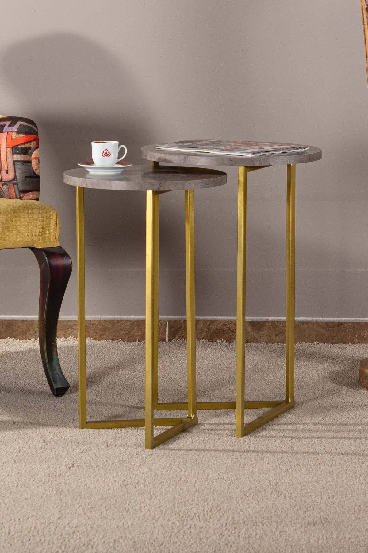tino furniture Marte 2li Gold Metal Yuvarlak Yan Sehpa Antrasit Mermer