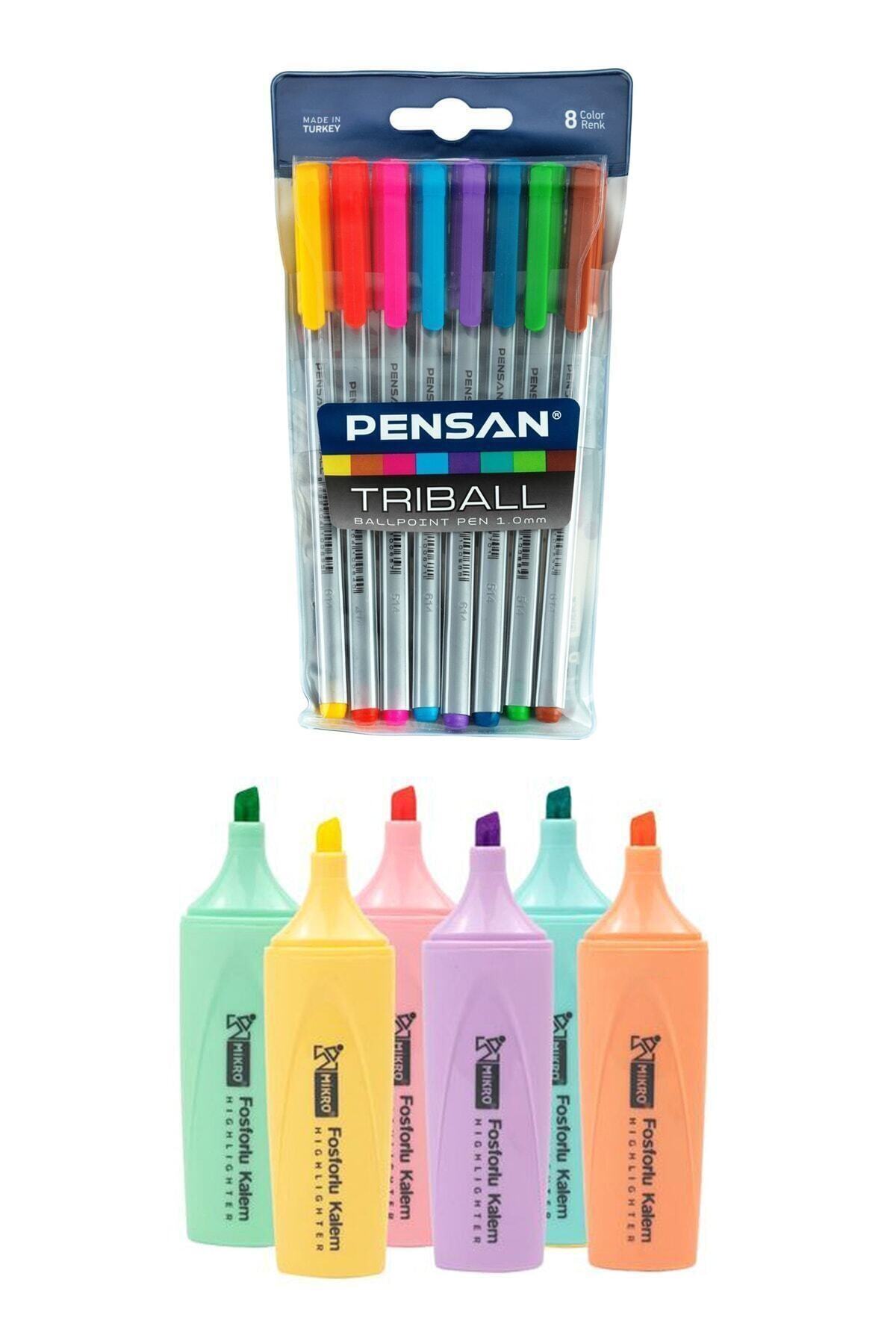 Pensan Triball Tükenmez Kalem 8 Renk + Mikro 6 Renk Pastel Fosforlu