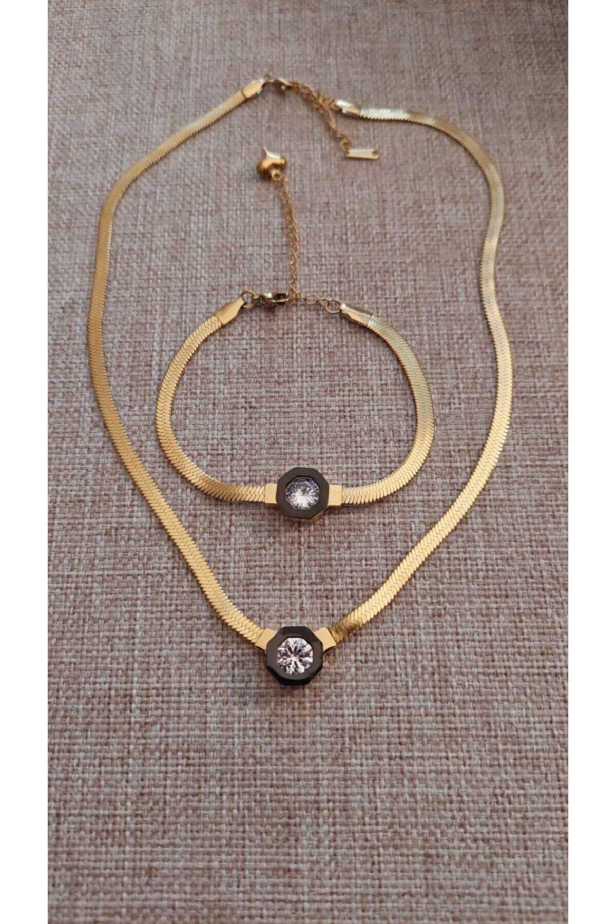 Elvin bijuteri Çağla Şikel Italyan Zincir Çelik Kolye Bileklik Set