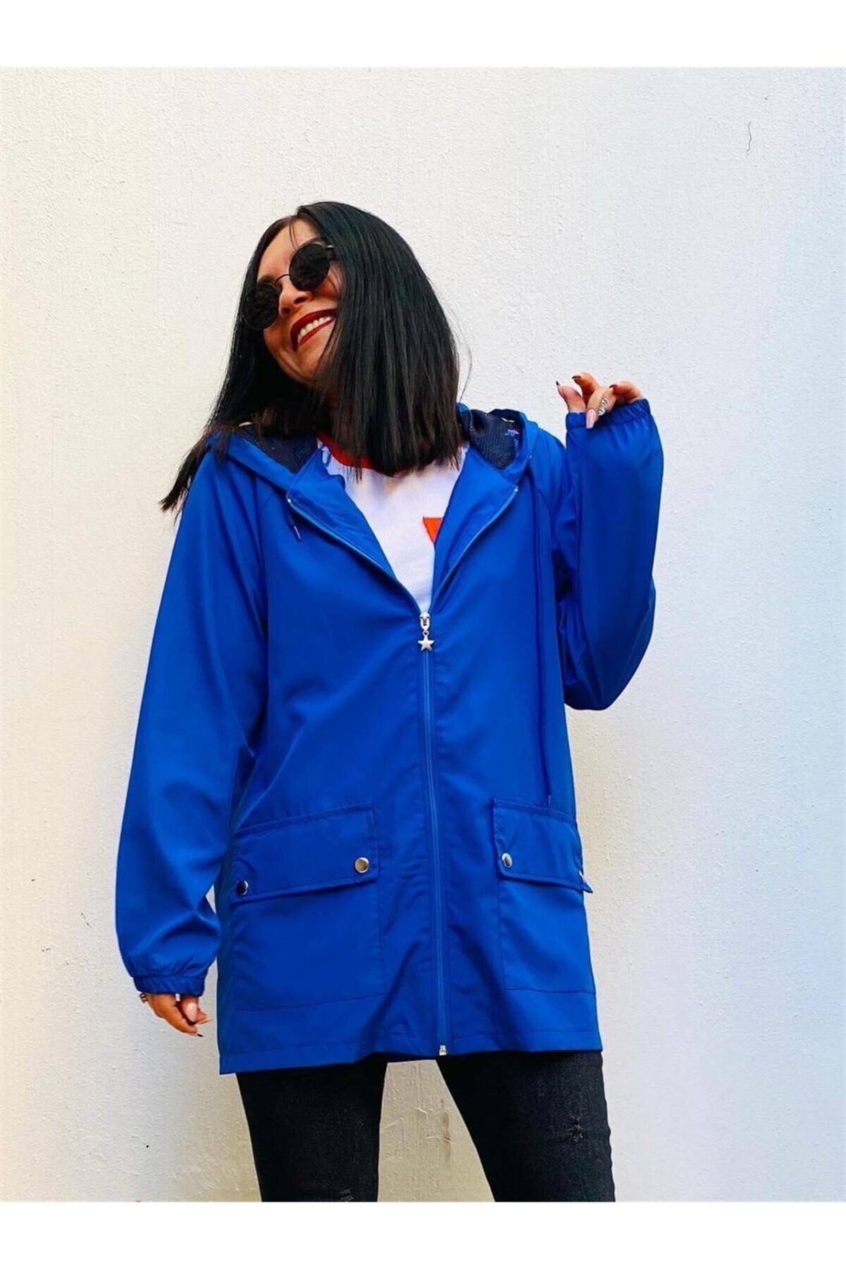 Portakal Indigo Kapişon Dijital File Detaylı Desenli Su Geçirmez Yağmurluk