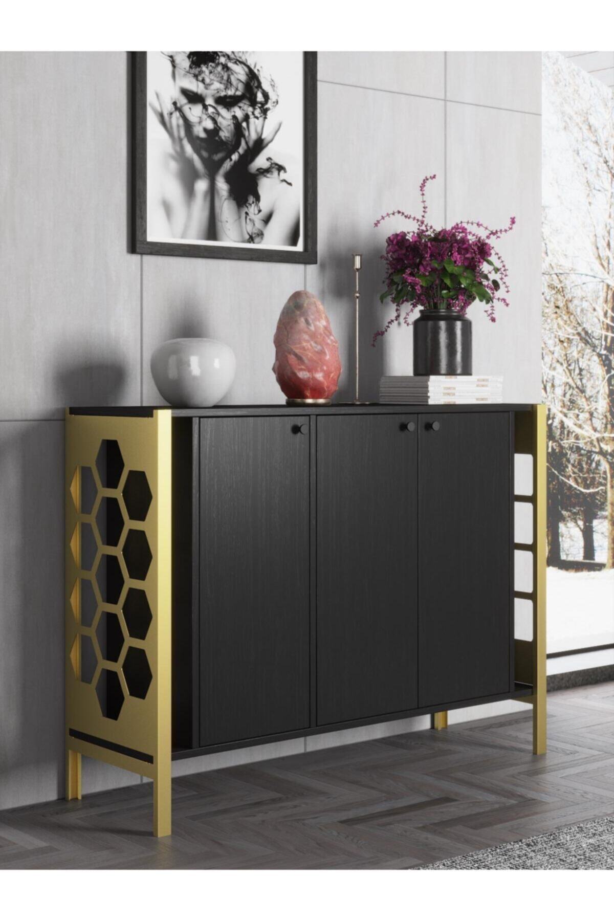 Wood'n Love Loft Premium Gold Altıgen Desen Ferforje Metal Ayaklı Konsol - Wood Siyah / Altın