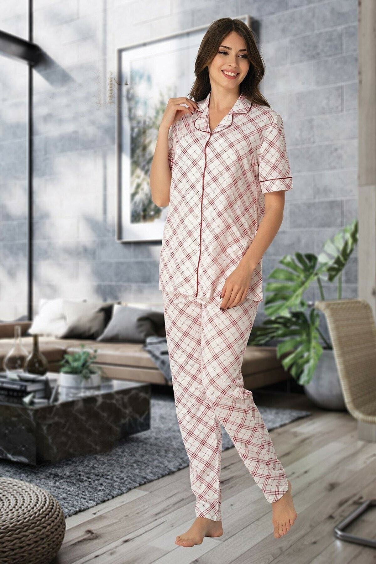 effort Bordo Desenli Kısa Kollu Önden Düğmeli Pijama Takımı