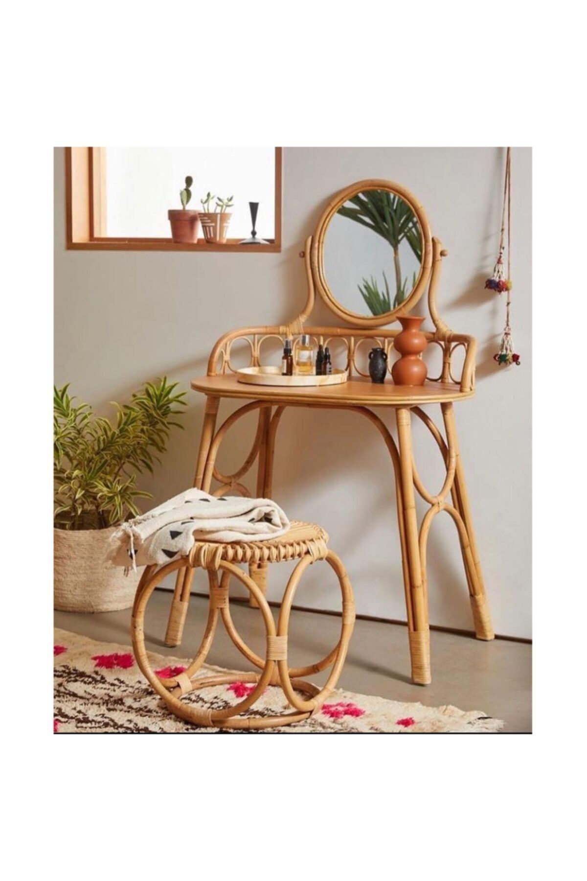 ReHome Designe Caroline Rattan Vanity Makyaj Masası Ve Puf