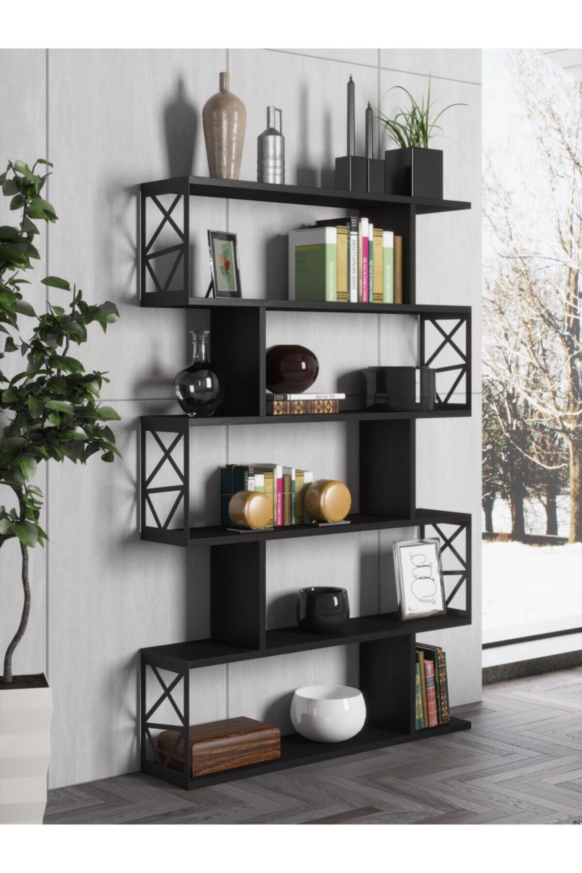Wood'n Love Senfoni Premium 5 Raflı Altıgen Desen Kitaplık Wood Siyah Siyah