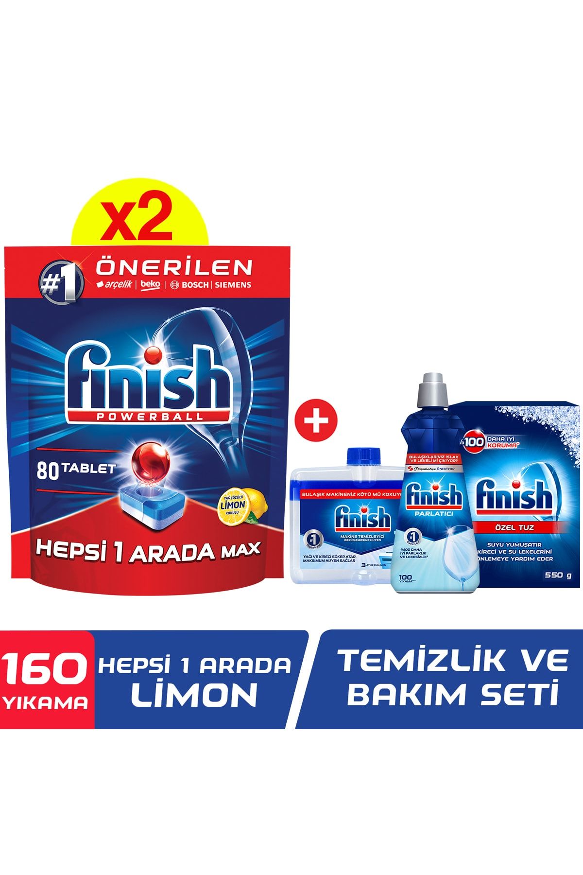 Finish Hepsi Bir Arada 160 Tablet Bulaşık Makinesi Deterjanı Limon (80x2) + Temizlik Ve Bakım Seti