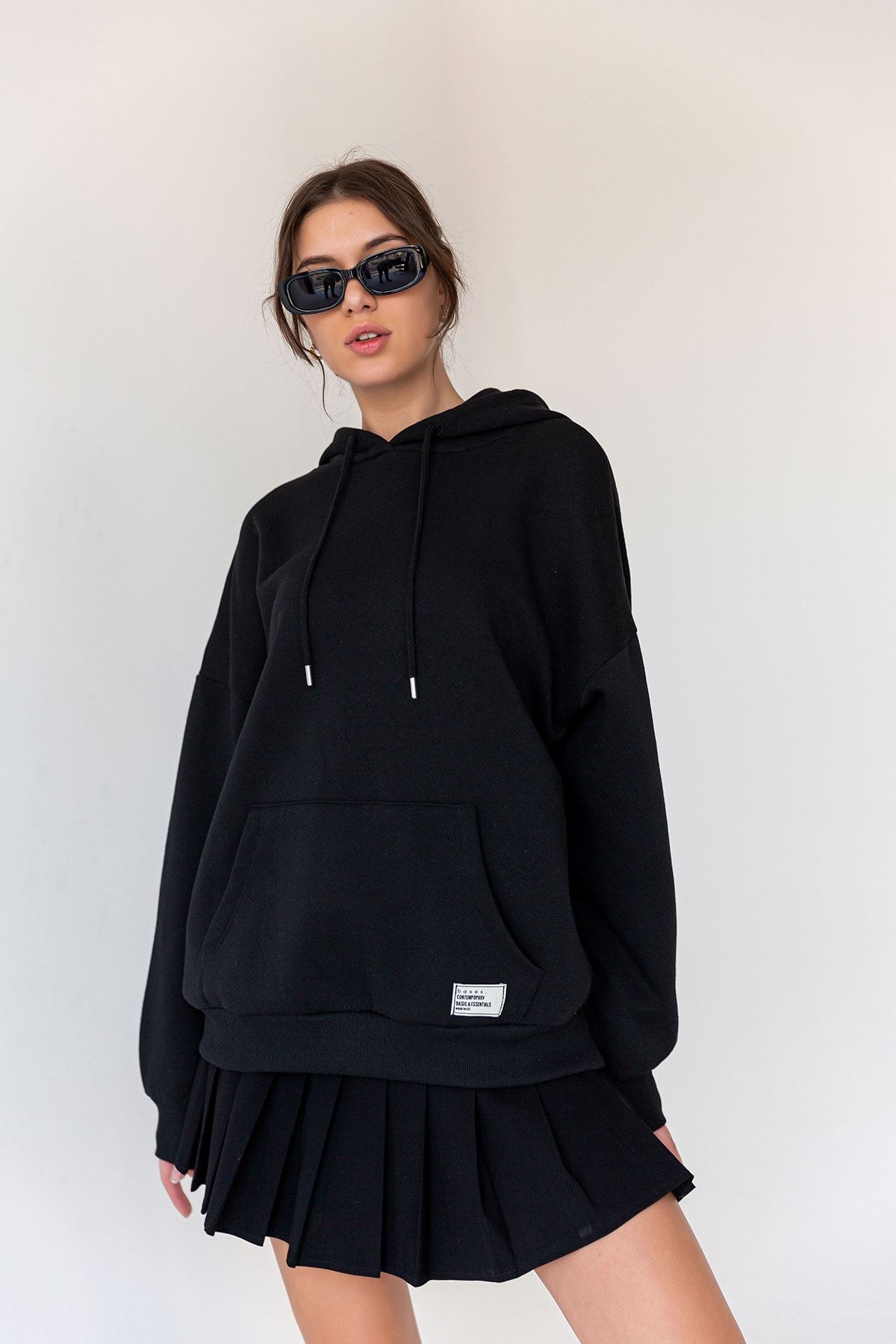 Bases Siyah Oversize Içi Polarli Kapüşonlu Sweatshirt