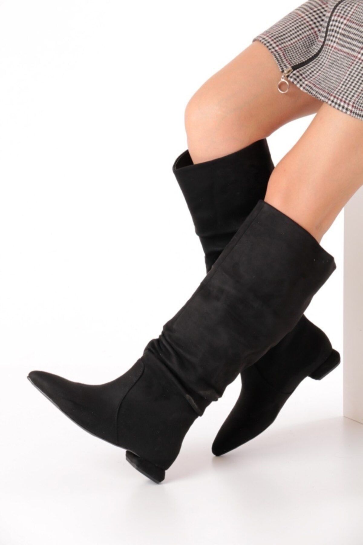Shoe Miss Freya 2 cm Siyah Süet Büzgülü Çizme