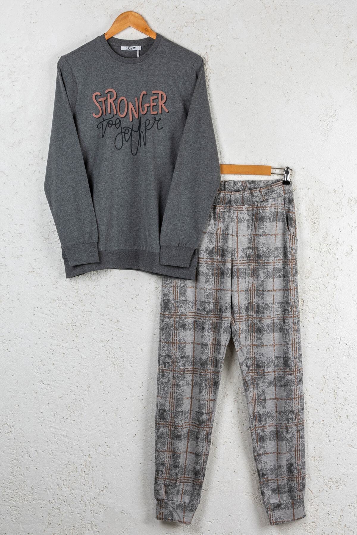 BSM Erkek Antramelanj %100 Pamuk Stronger Together Yüksek Kalite Uzun Kollu Pijama Takımı