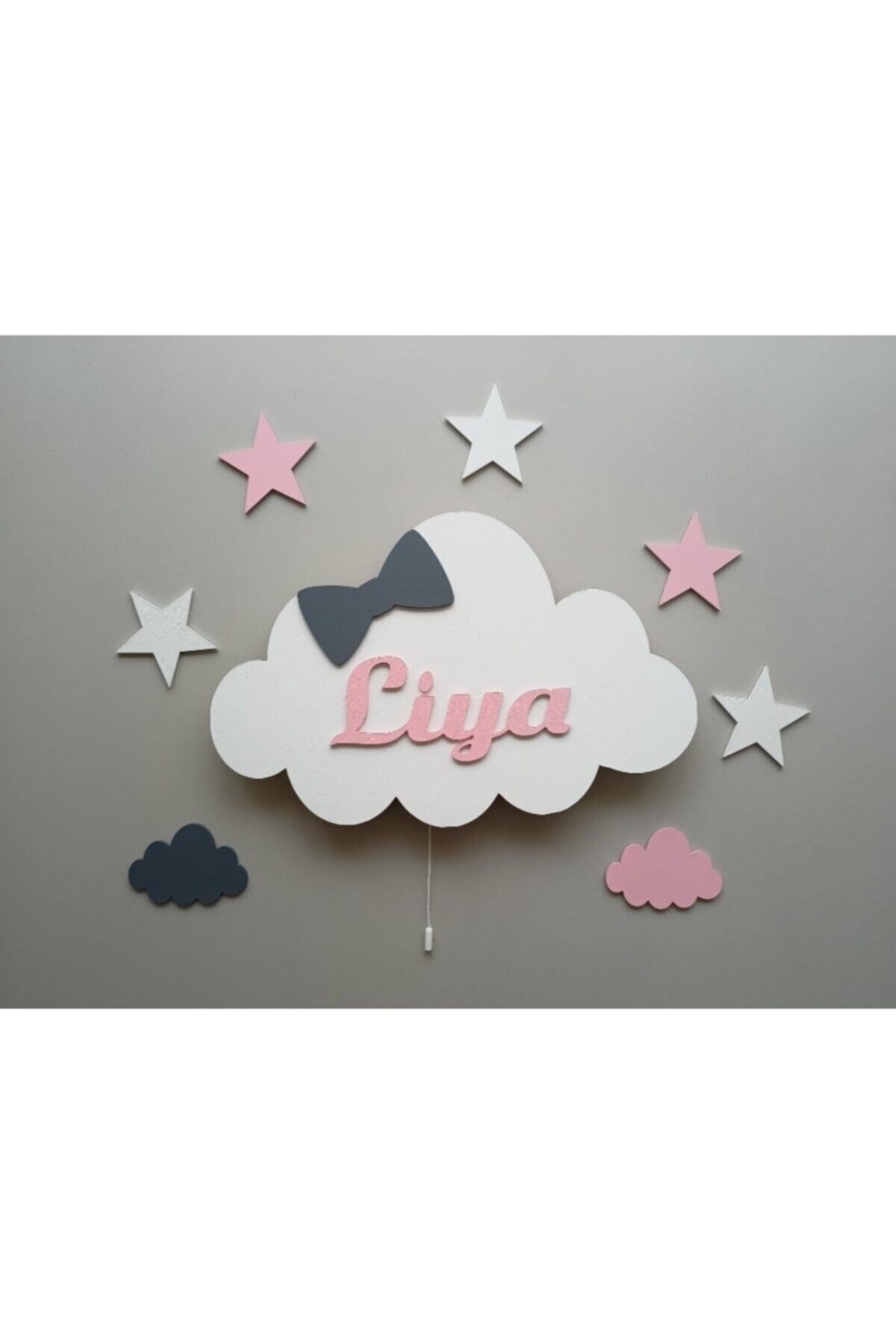 Babystasarım Ahşap Işıklı Pembe & Beyaz Bulut Set Çocuk Odası Gece Lambası Aydınlatma