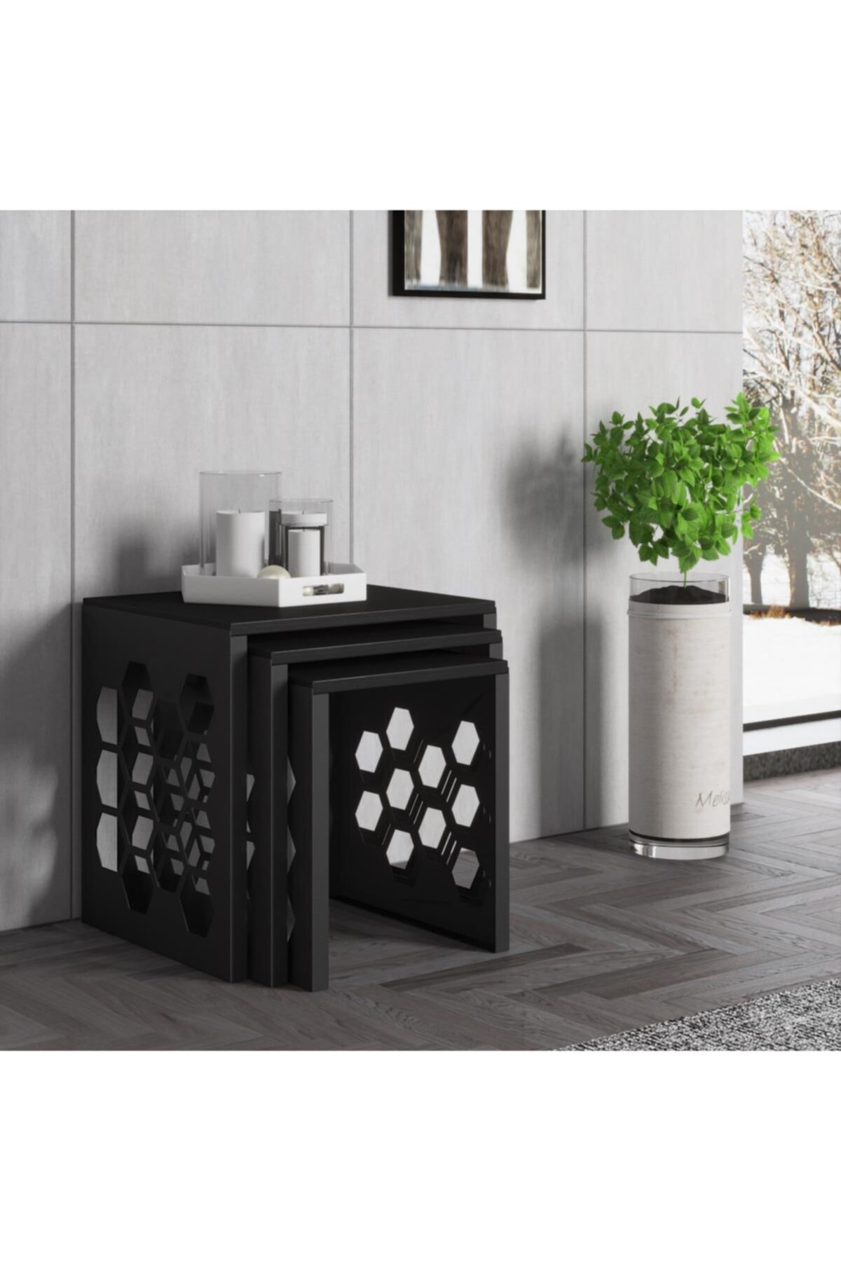 Wood'n Love Deniz Altıgen Desen Premium Metal Ferforje Zigon Sehpa - Wood Siyah / Siyah