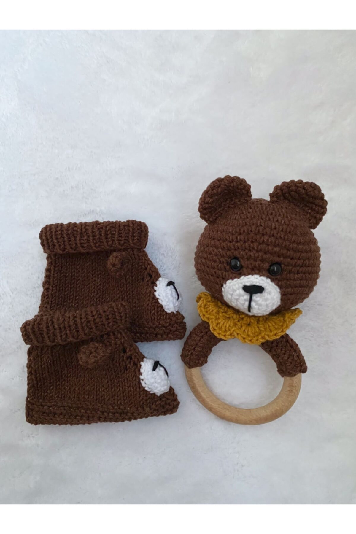 USTAHOBİEVİ Amigurumi Ayıcık Çıngırak Ve Patik Yenidoğan Set