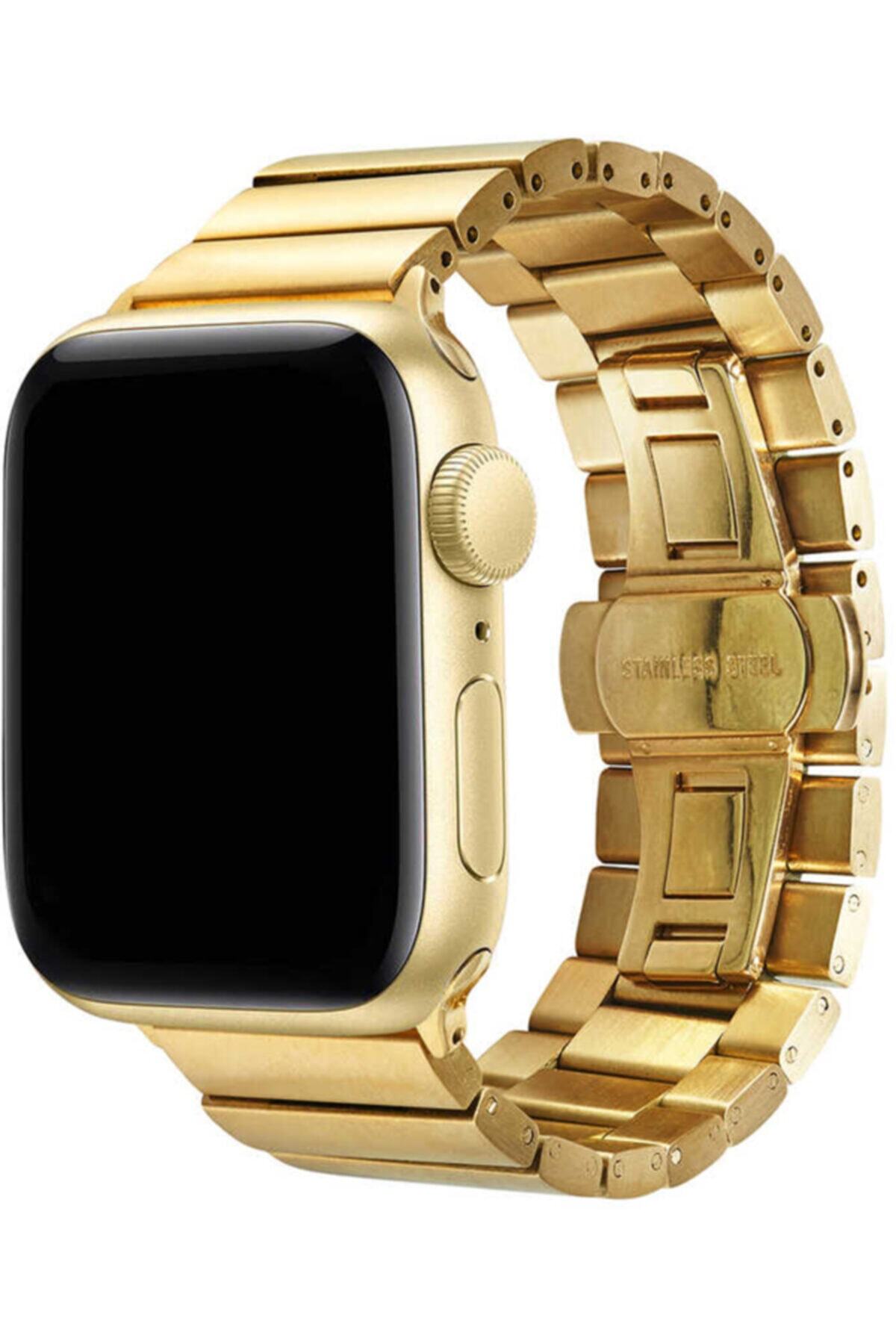 Apple Watch Series 7 42 44 45 Mm Metal Kaplamalı Kordon Kayış Gold + Socket