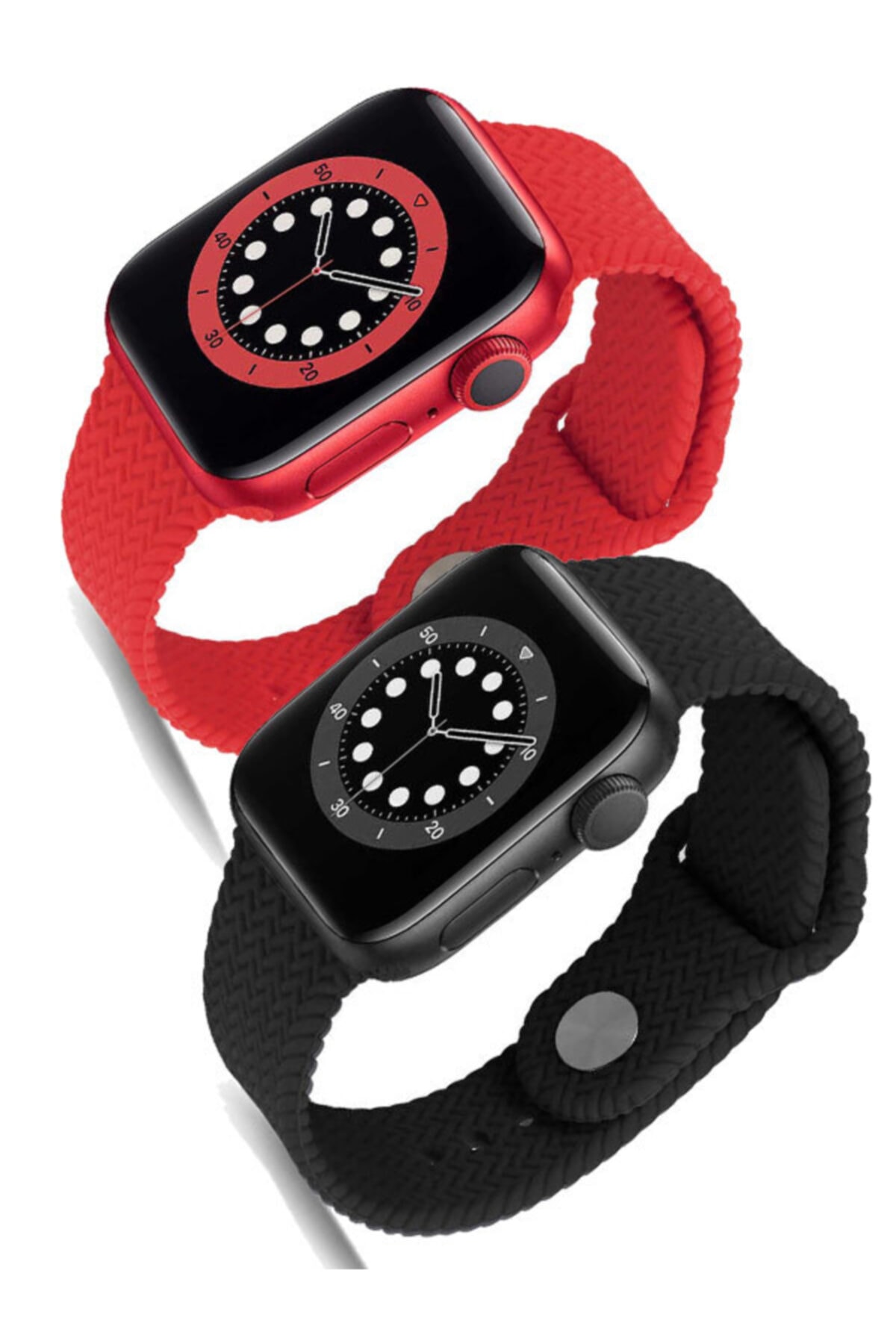 Apple Watch Series - Seri 7 45 Mm Örgülü Hasır Kordon Kayış Kırmızı Ve Siyah Set