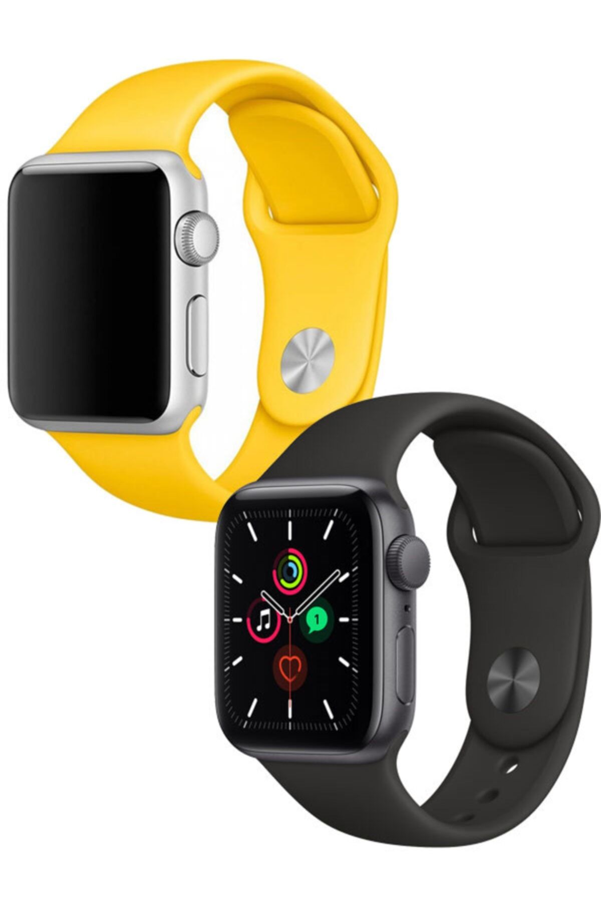 Apple Watch 1 2 3 4 5 6 Se 45 Mm Klasik Spor Silikon Kordon Siyah Sarı Set