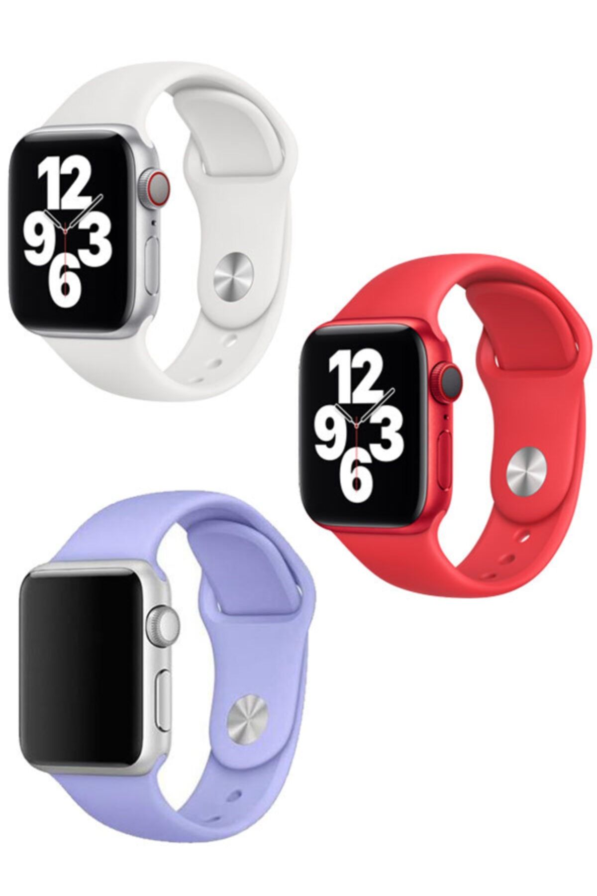 Apple Watch Series - Seri 7 41 mm Klasik Spor Silikon Kordon Beyaz Kırmızı Lila Set