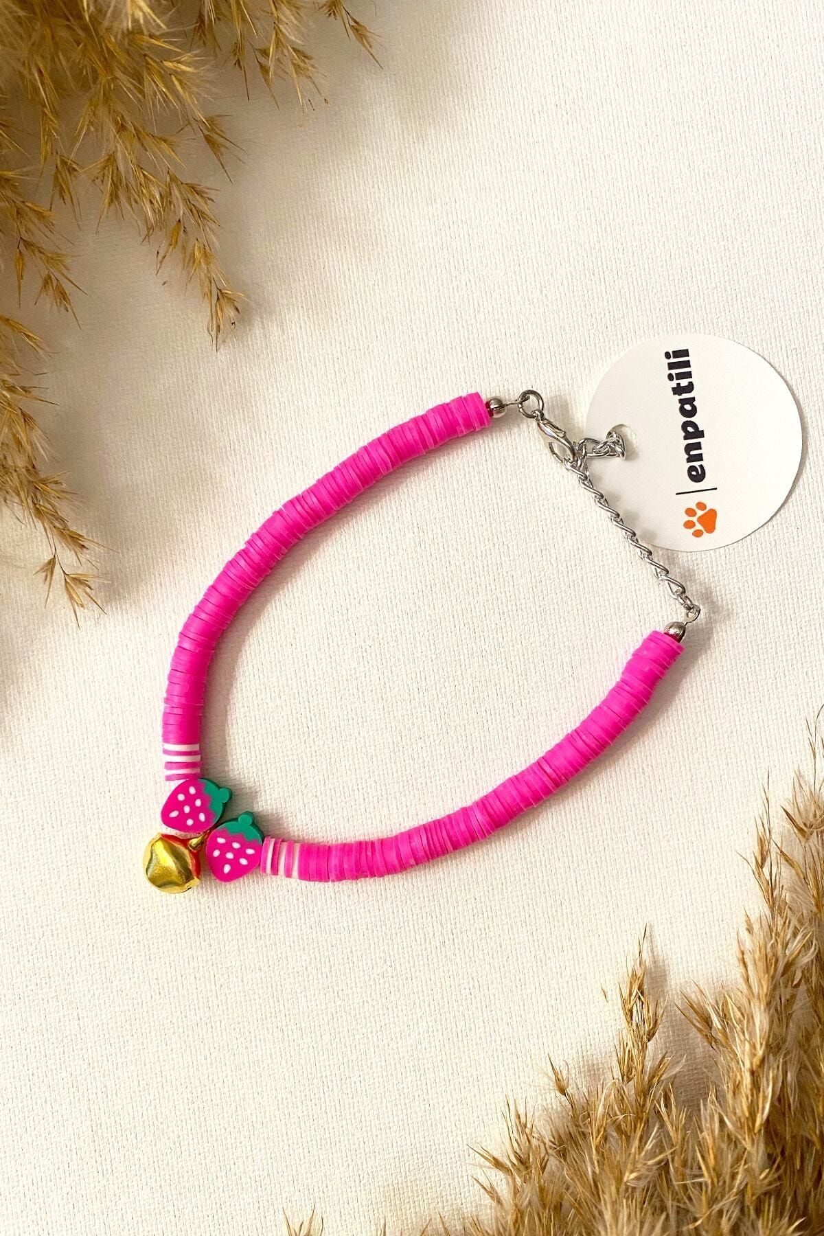 Enpatili Kedi Tasması Kedi Kolyesi Zilli Çilek Detaylı Ayarlanabilir Pembe