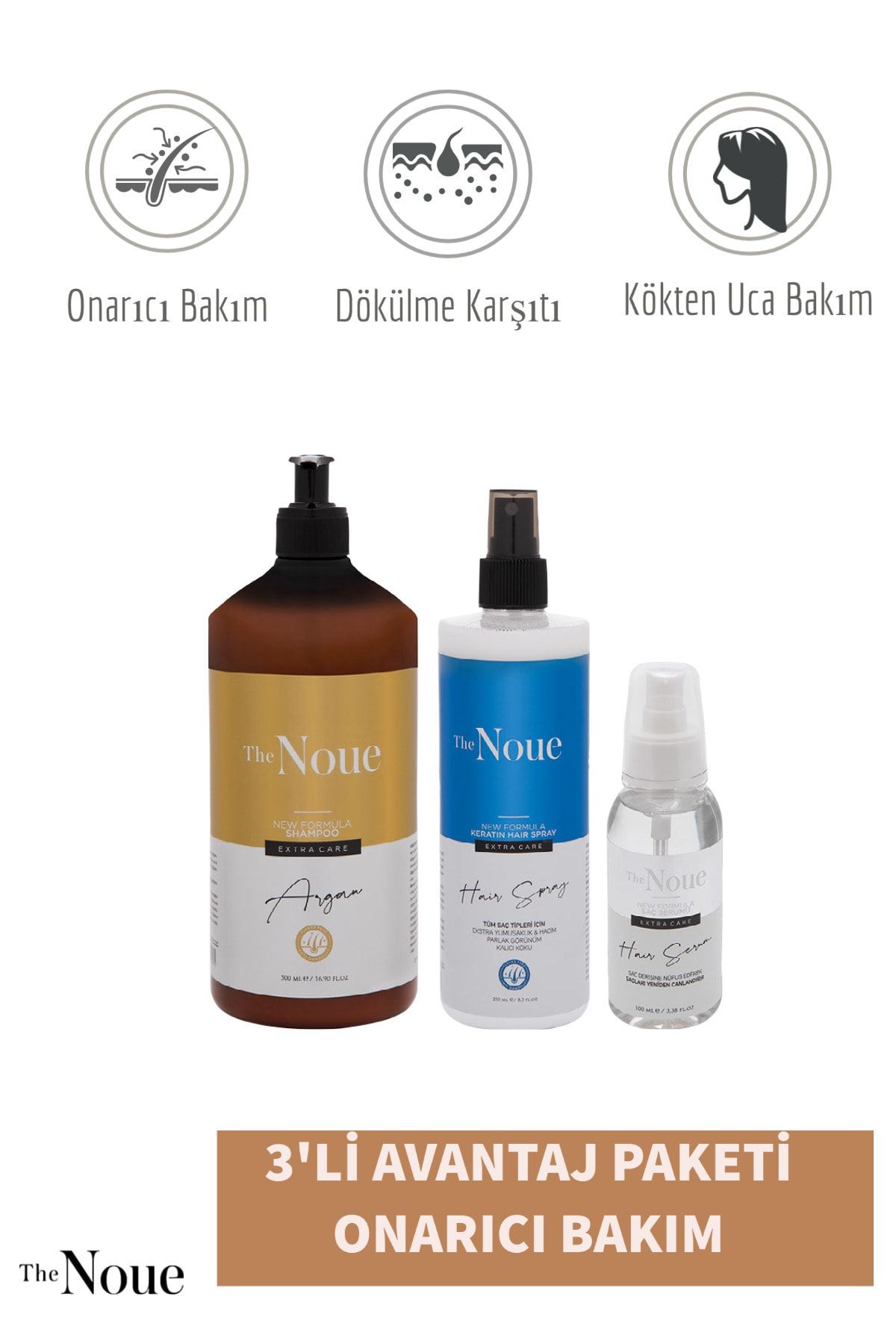 The Noue Argan Şampuan 500 ml+ Saç Serumu 100 ml+-fön Suyu Çift Bazlı 250ml