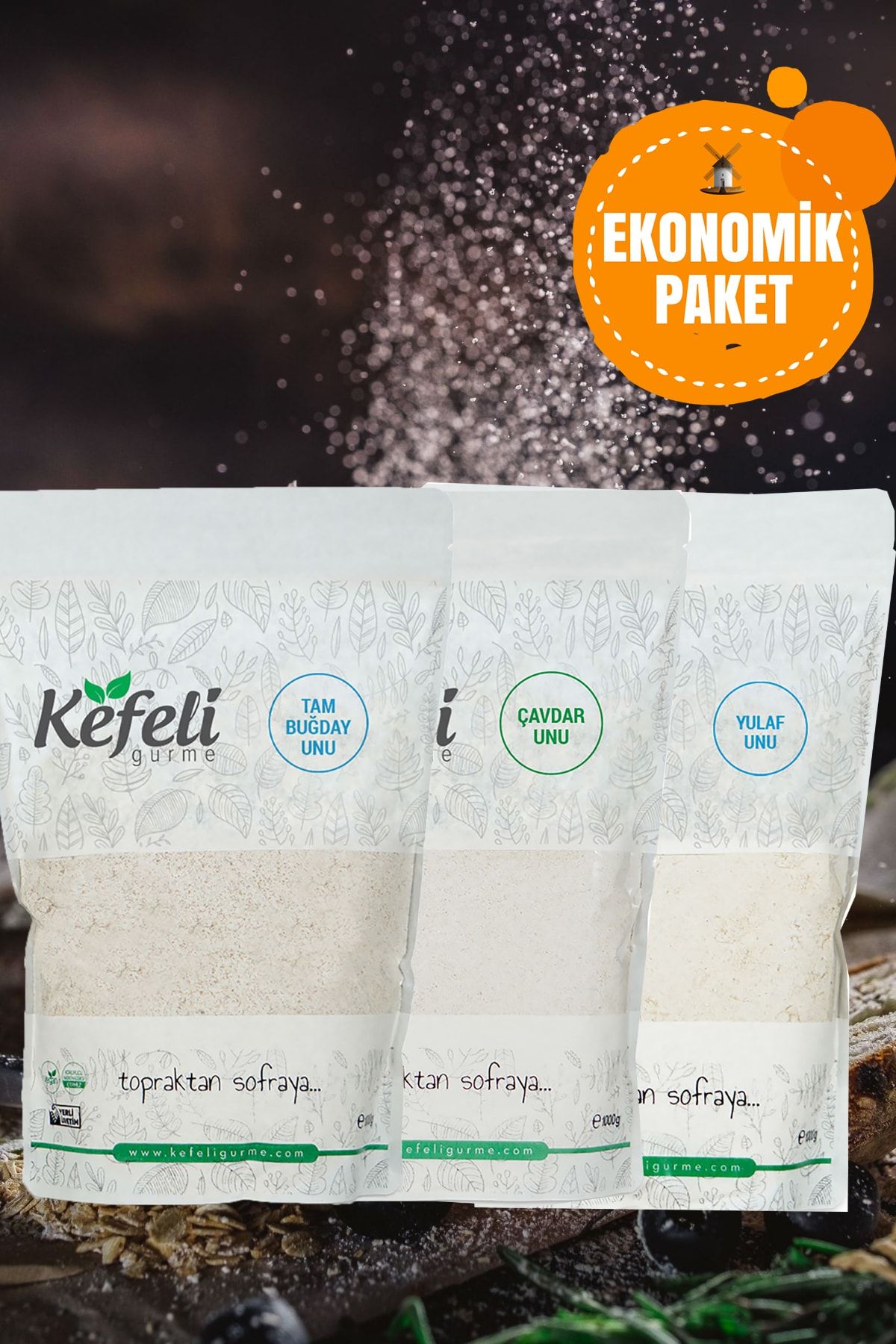 Kefeli İyi Tarım Tam Buğday Unu ( 1 Kg ) + Çavdar Unu ( 1 Kg ) + Yulaf Unu ( 1 Kg ) Katkısız