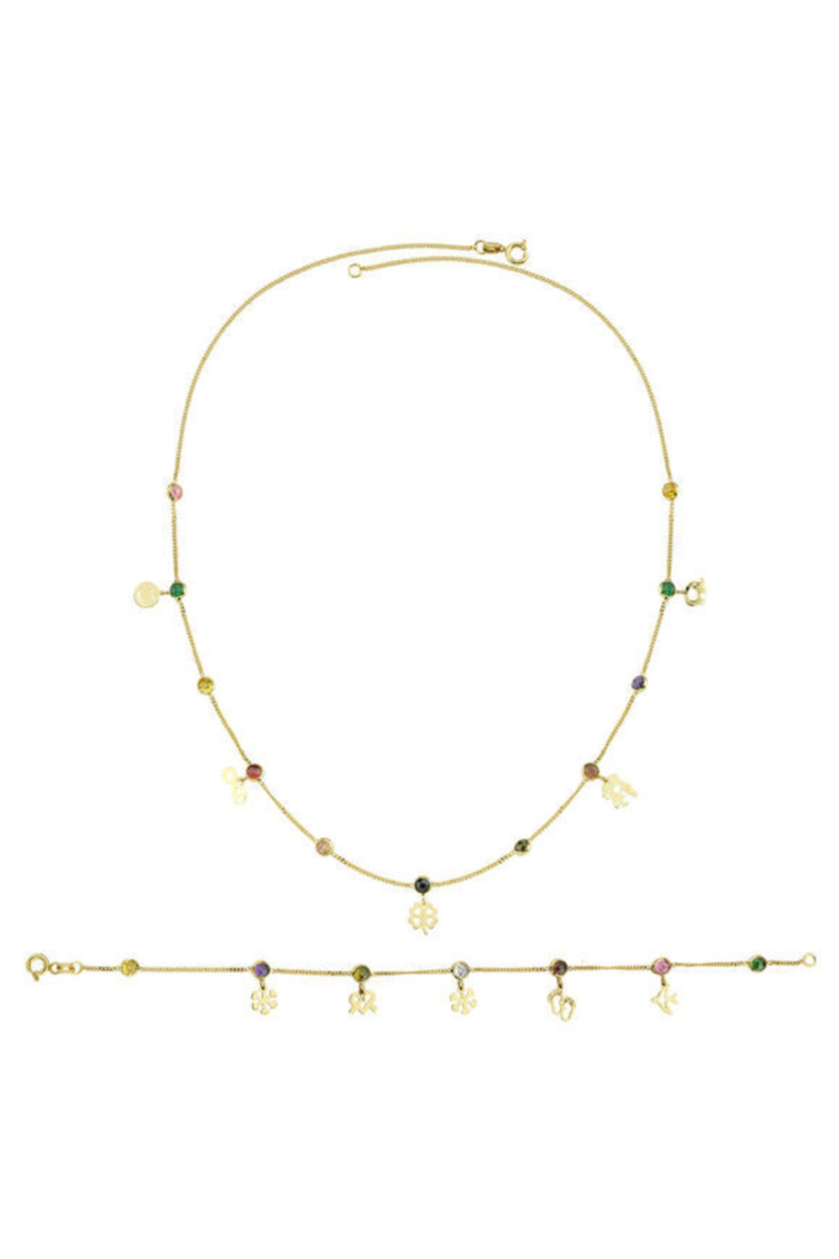 Gonca Gold Beş Figürlü, Yarı Değerli Taşlı, 14 Ayar, Sarı Altın Kolye & Bileklik Takım - 5,25 Gr