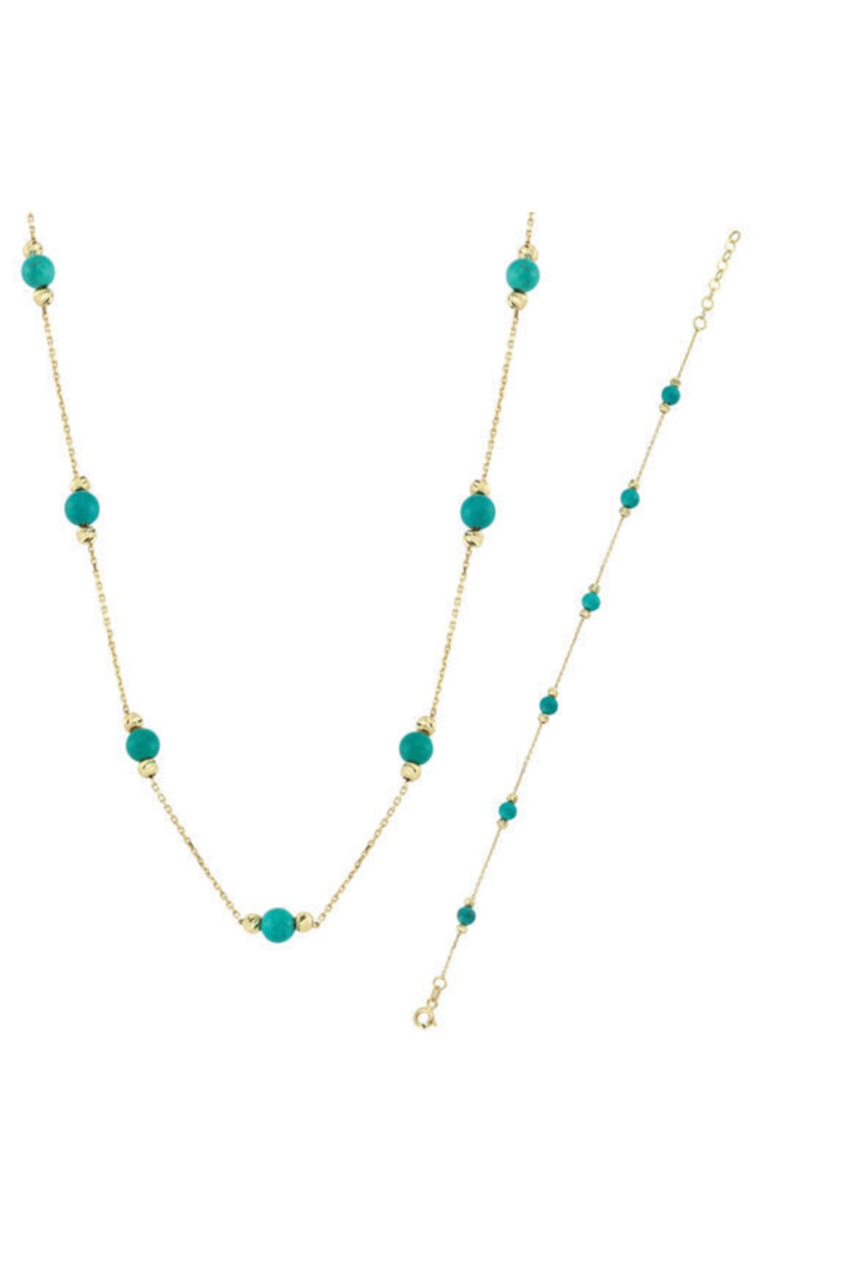 Gonca Gold Turkuaz Doğal Taşlı, Dorika Toplu, 14 Ayar, Sarı Altın Kolye, Bileklik Takım - 5,46 Gr