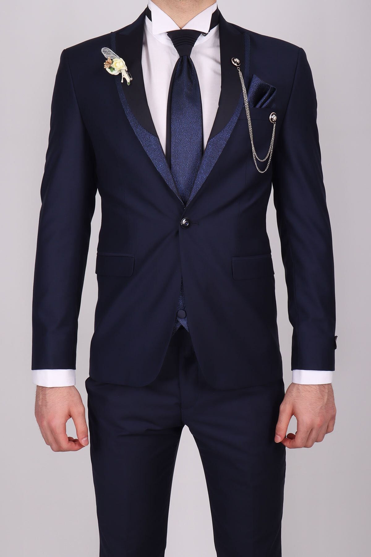 ZAYFA Erkek Lacivert Slim Fit Yelekli Smokin Damatlık