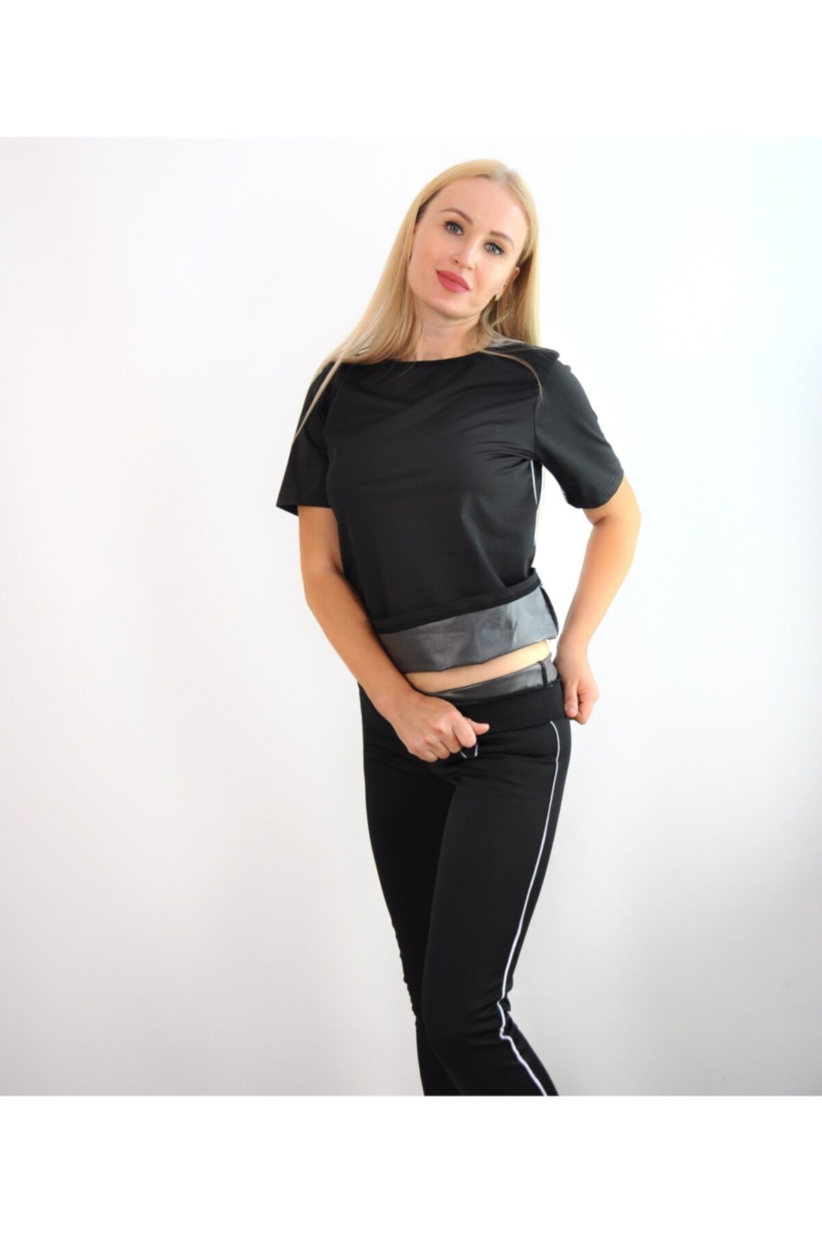 CNRCollection Içi Polimer Kaplı Yağ Yakan Kısa Kollu T-shirt Ve Yüksek Bel Tayt Termal Korse Terleten Sauna Korse