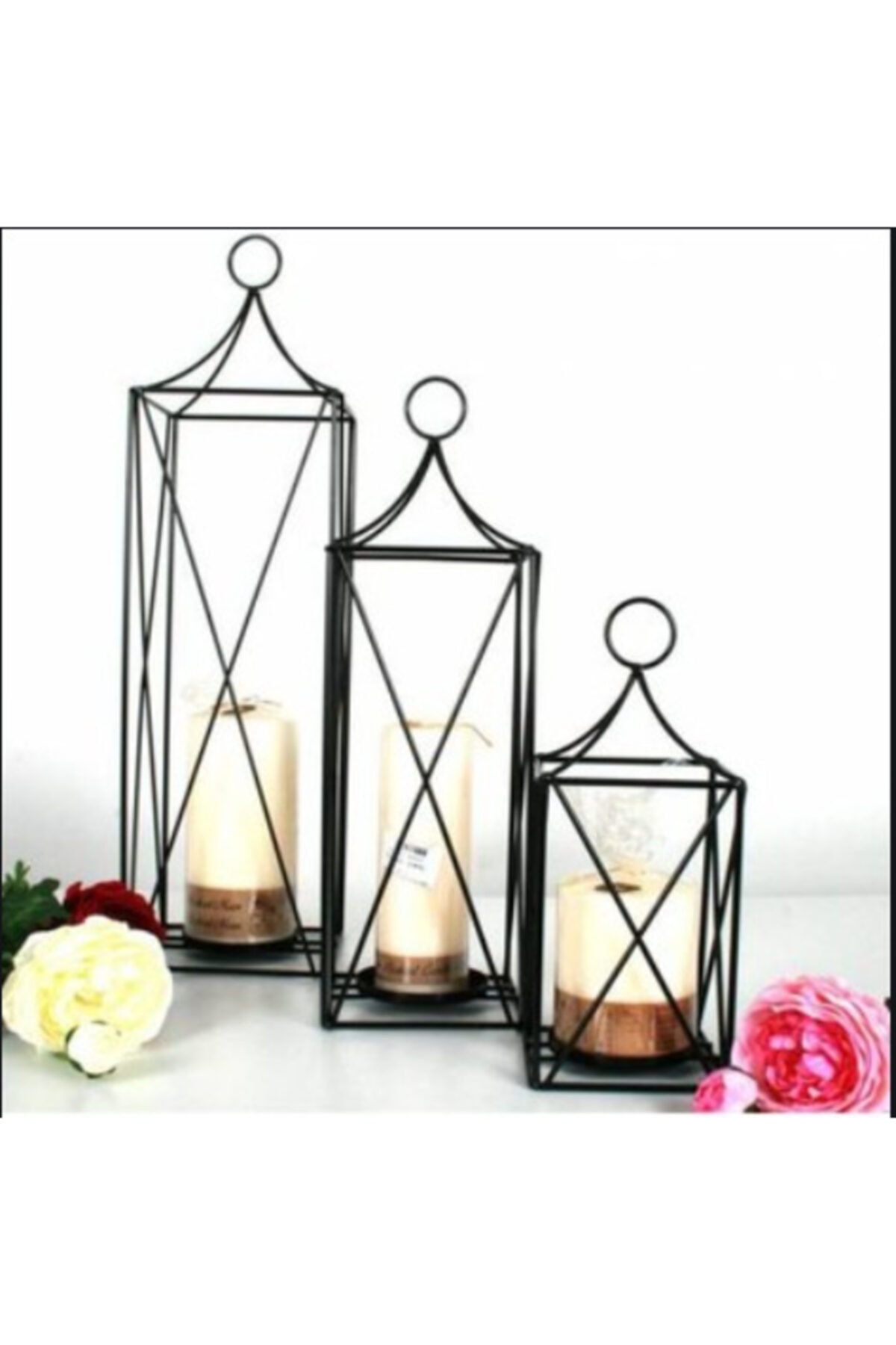 CMT 3 Lü Mumluk Şamdan Fener Metal Mumluk Kafes Fener Dekora