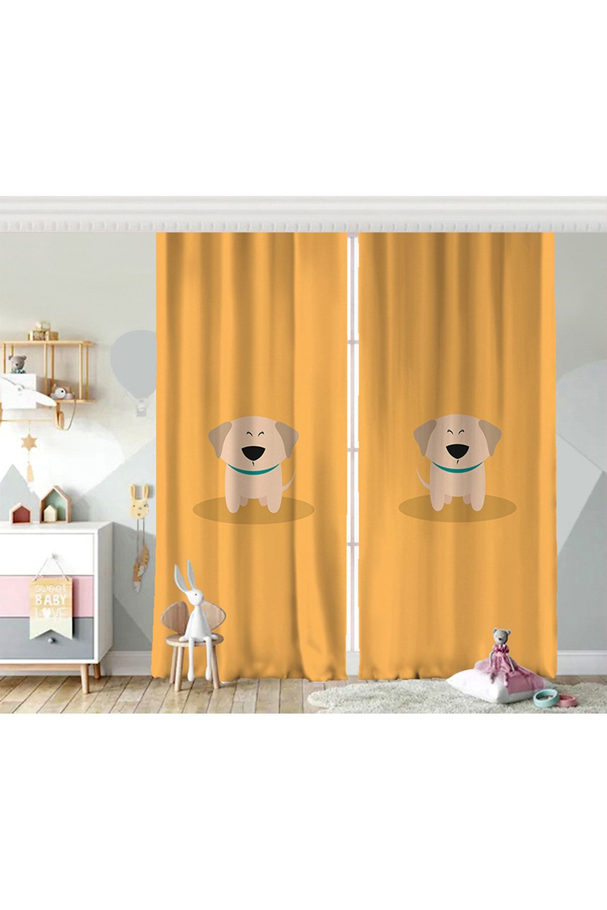 Realhomes Çift Kanat Köpek Desenli Dijital Baskılı Modern Çocuk Odası Fon Perde