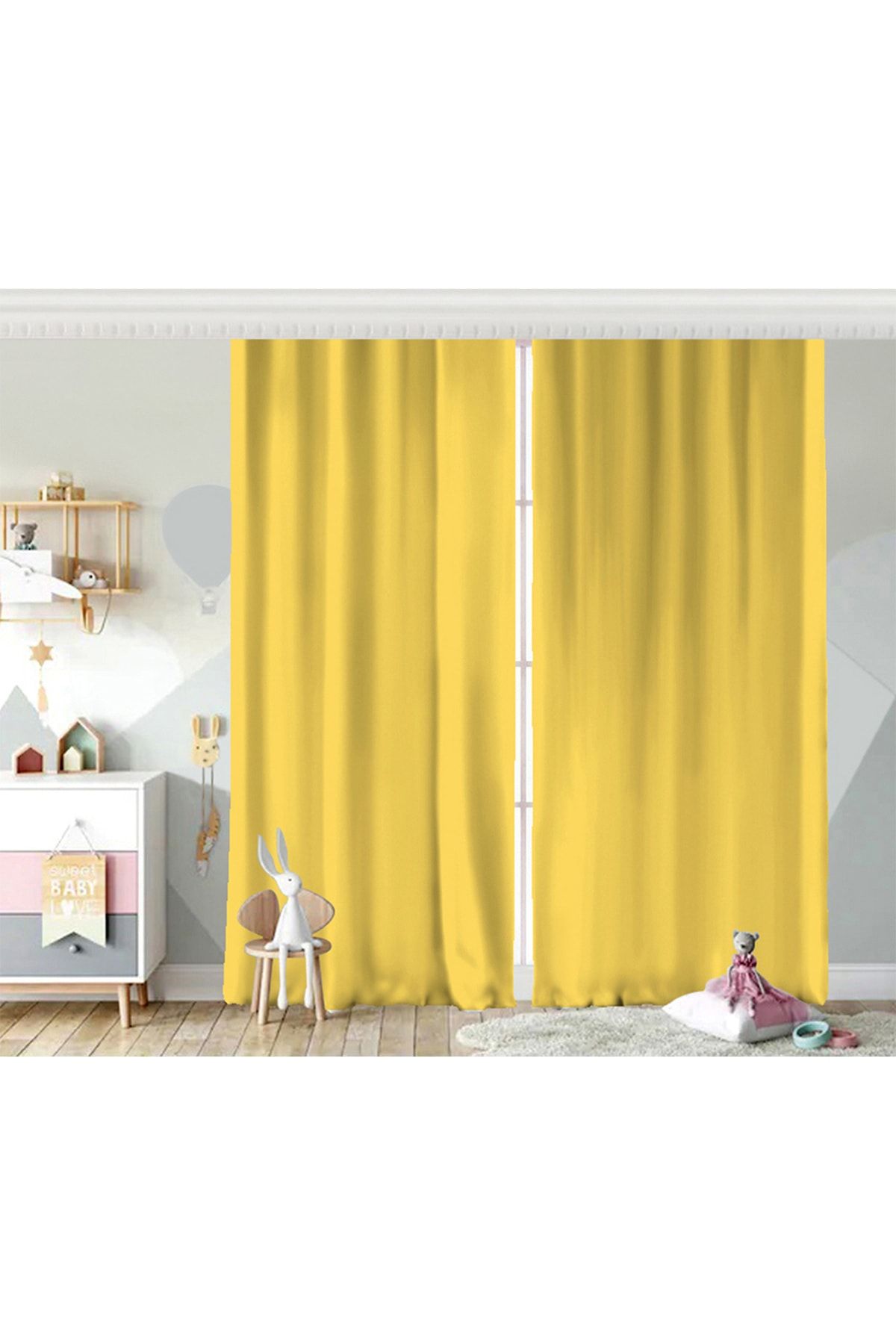 Realhomes Çift Kanat Sarı Renkli Dijital Baskılı Çocuk Odası Fon Perde
