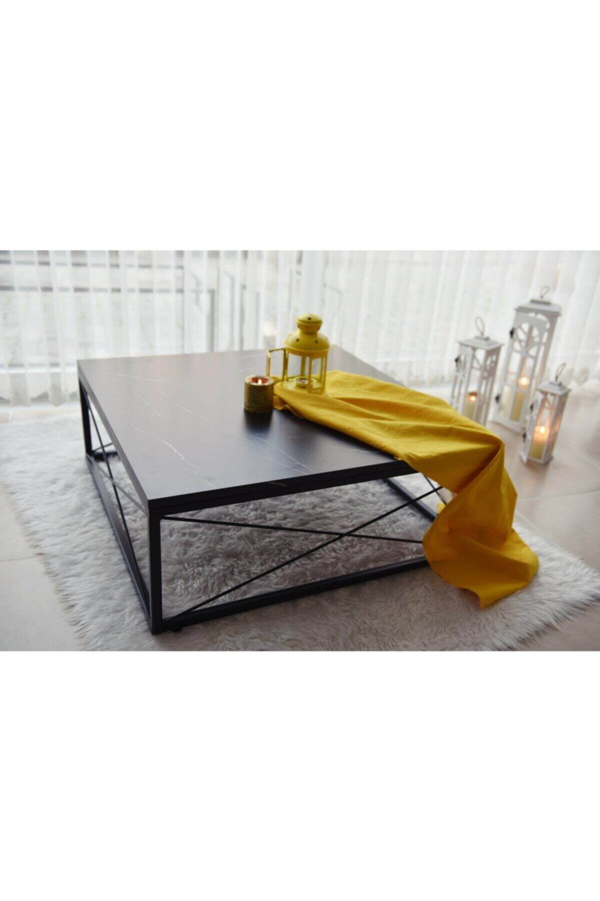 AnDekoDizayn Ozi Dekoratif Orta Sehpa Mermer Desen/mat Siyah 80x80x32 Cm