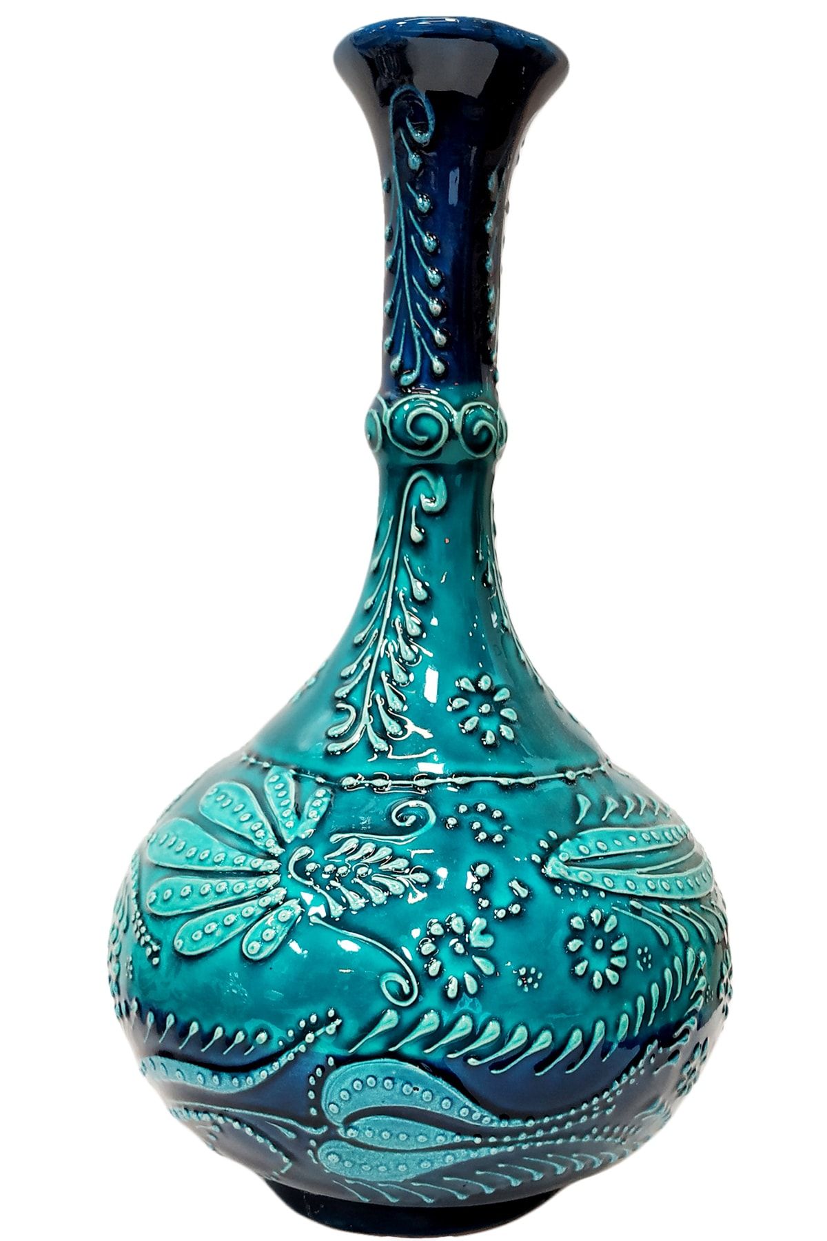 Otogar Çini El Yapımı 32 Cm Turkuaz Çini Gözyaşı Vazo Özel Kabartma Motifli