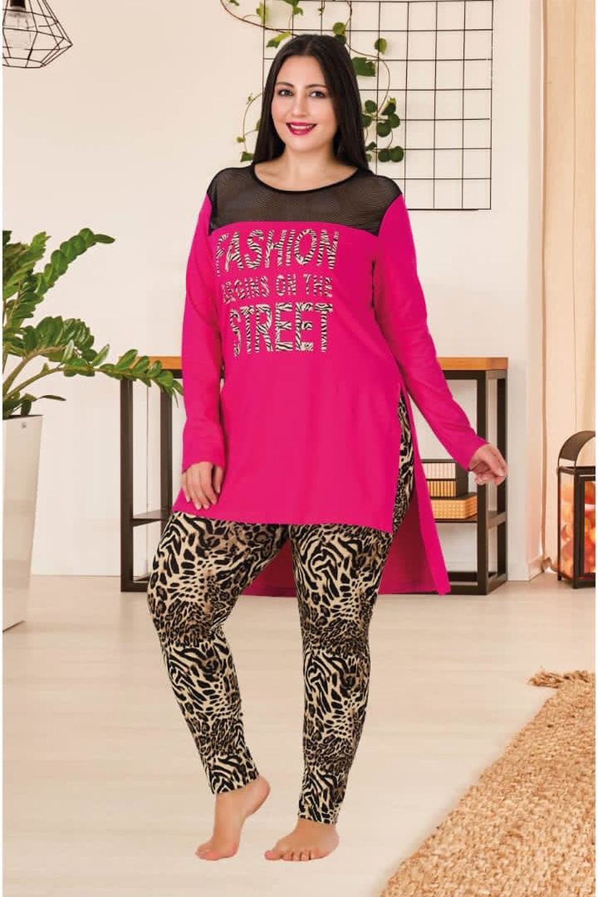 Mihra Stil Kadın Büyük Beden Viskon Penye Kumaş Taytlı Ikili Takım Pijama