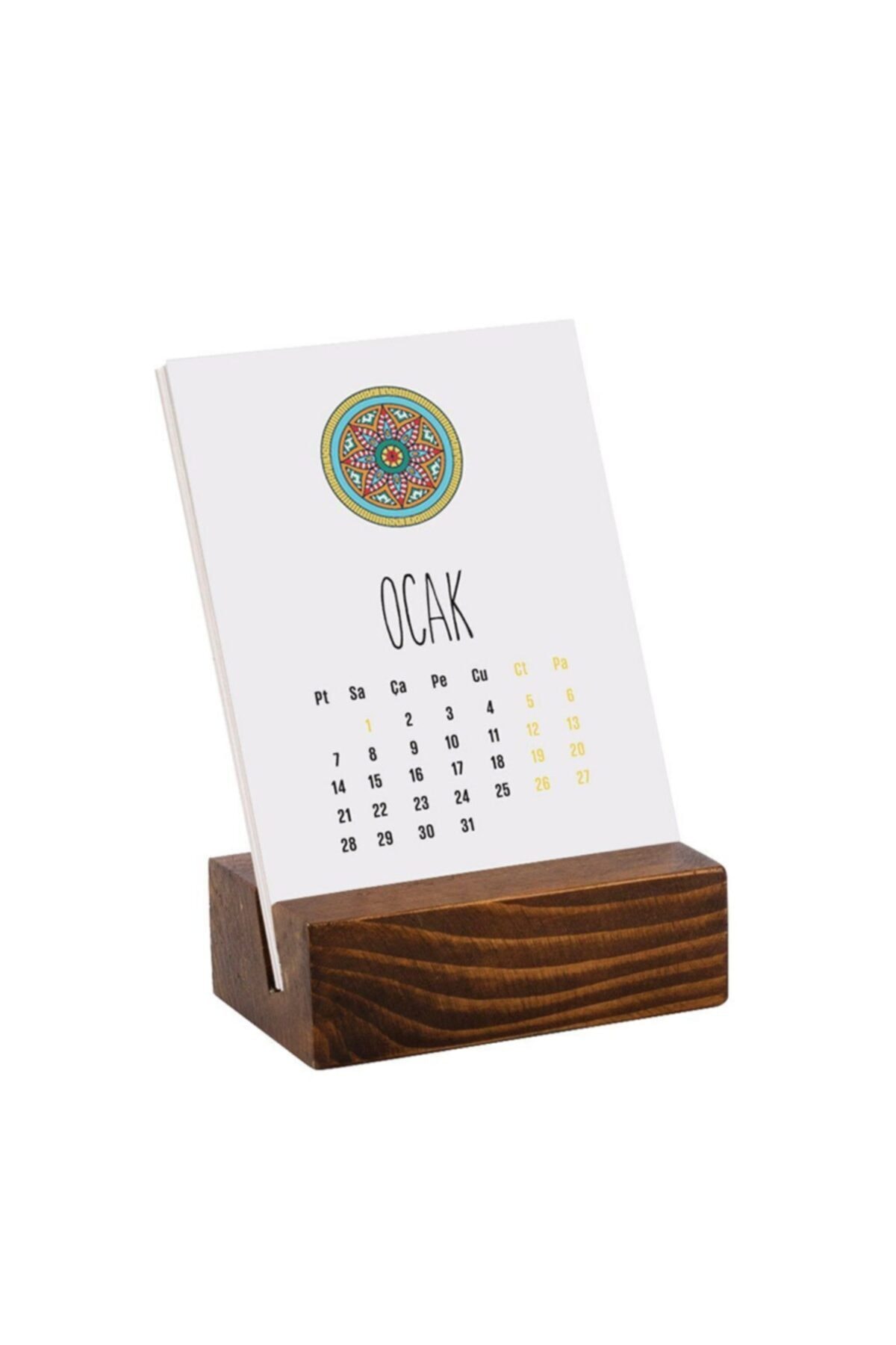 bi'aldım Mandala Renkli Tasarımlı Ahşap Tabanlı Masa Takvimi