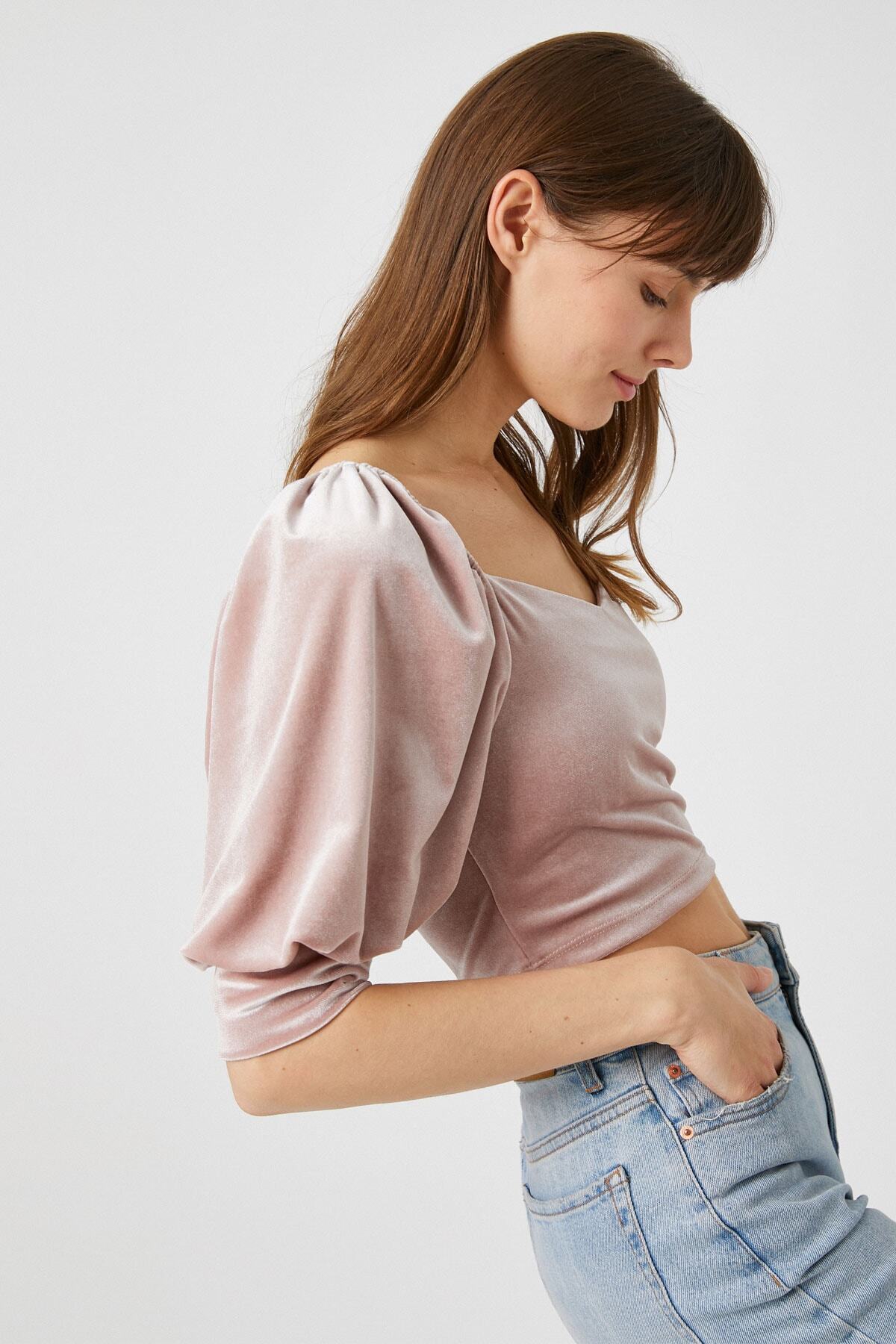 Koton Kısa Kollu Kadife Crop Tişört