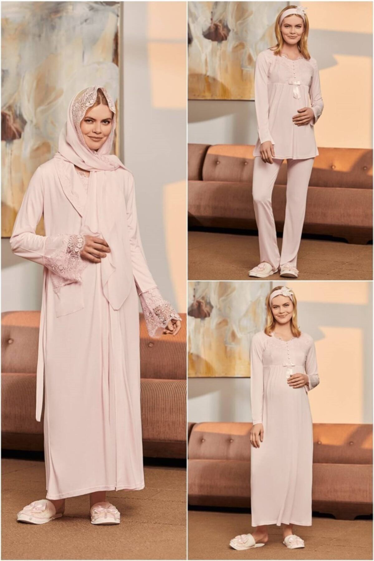 Mecit Pijama By Mecit 1924 Şal Hediyeli Lohusa Pijama, Gecelik, Sabahlık Set