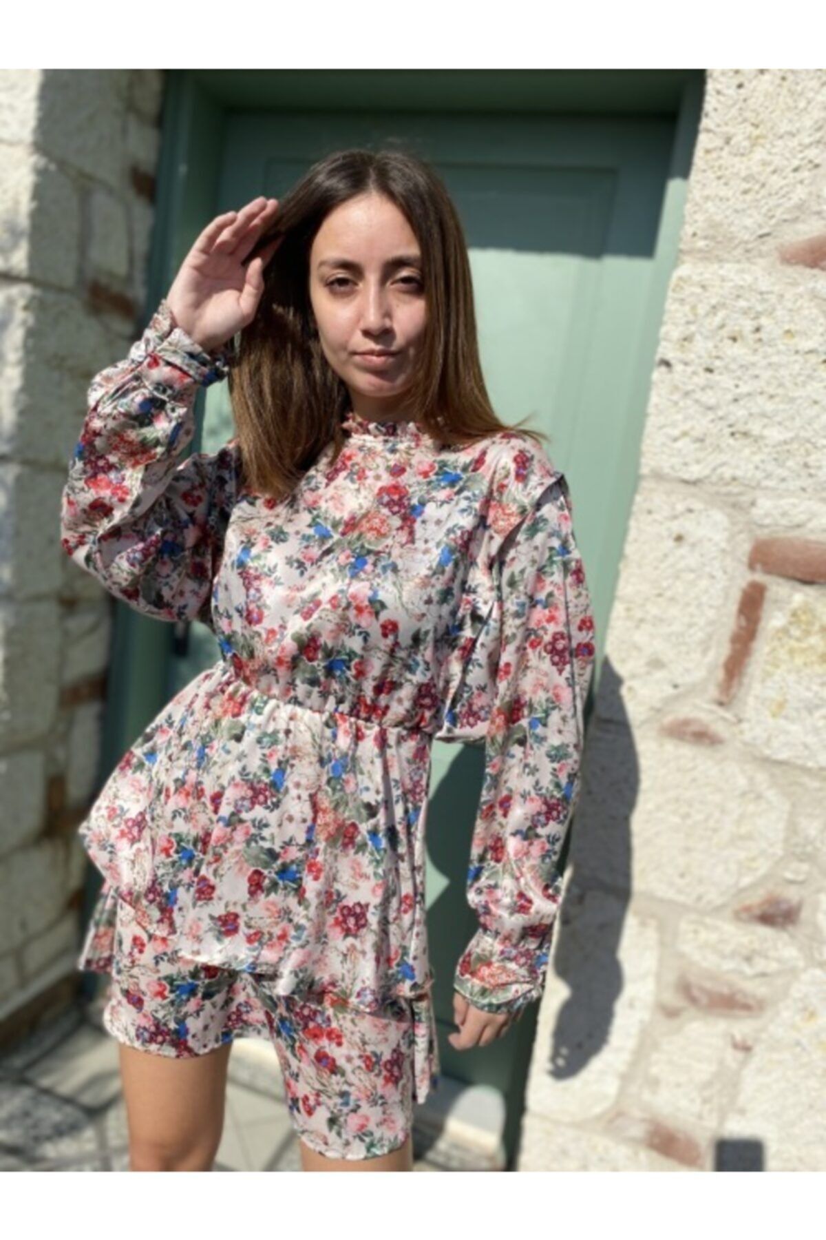 alacati deniz butik kadin ekru romantik yaka cicek desenli elbise fiyati yorumlari trendyol