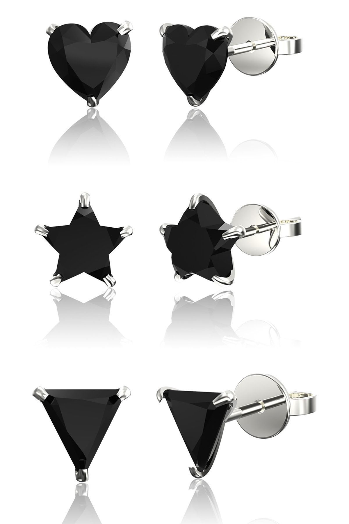 Jewelry For Light 3'lü Set 4mm Kalp, Yıldız, Üçgen Kesim Siyah Tektaş Kübik Zirkon Pimli Gümüş Küpe