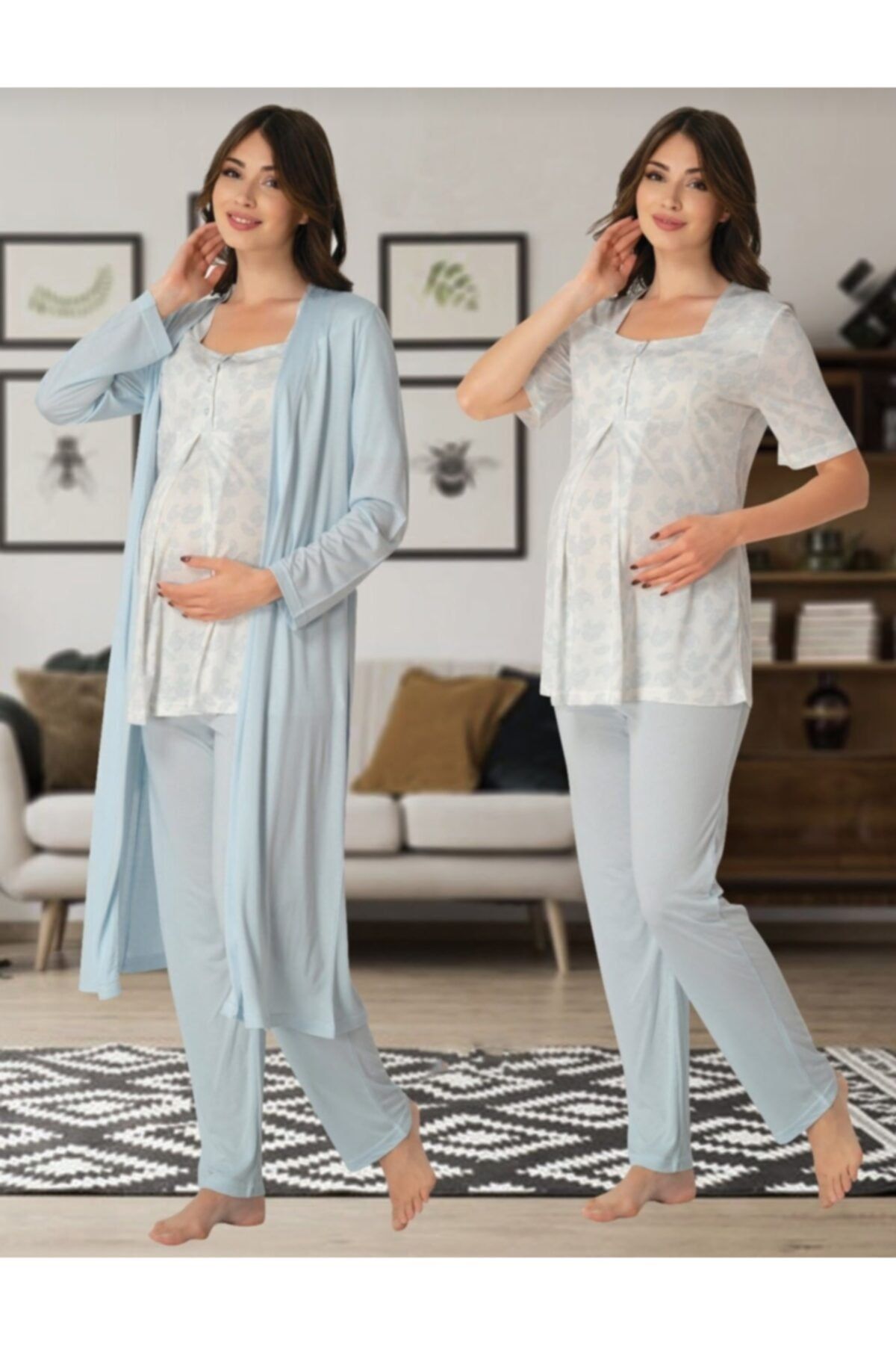 Effortt Kadın Mavi Lohusa Pijama Ve Sabahlık