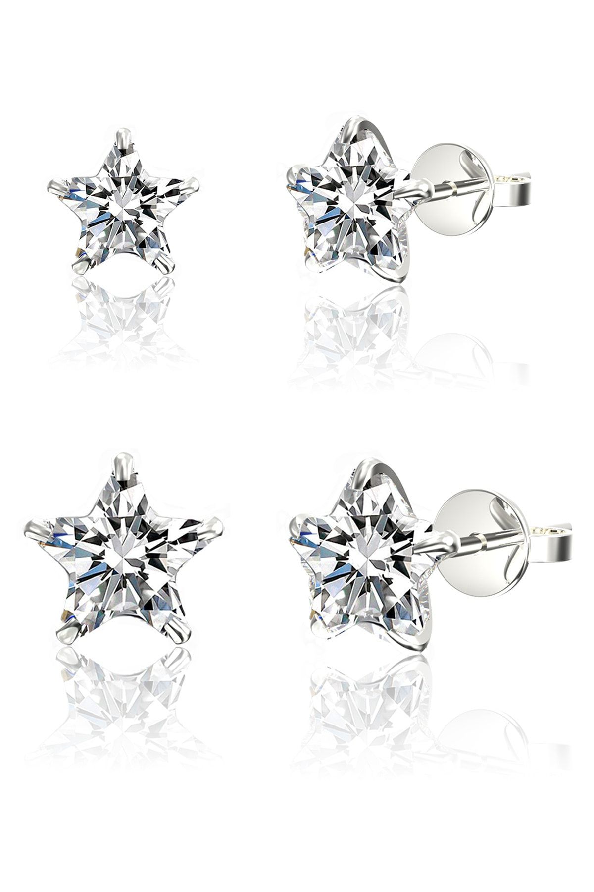 Jewelry For Light 2'li Set 3mm,4mm Tektaş Yıldız Kesim Beyaz Taşlı Kübik Zirkon Pimli Gümüş Küpe