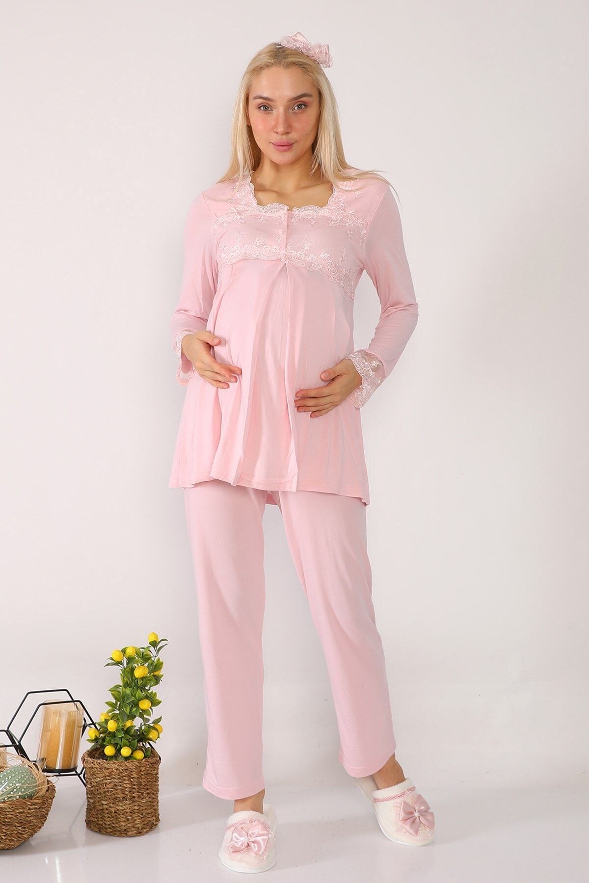 lohusahamile Kadın Pembe Dantel Detaylı Lohusa Pijama